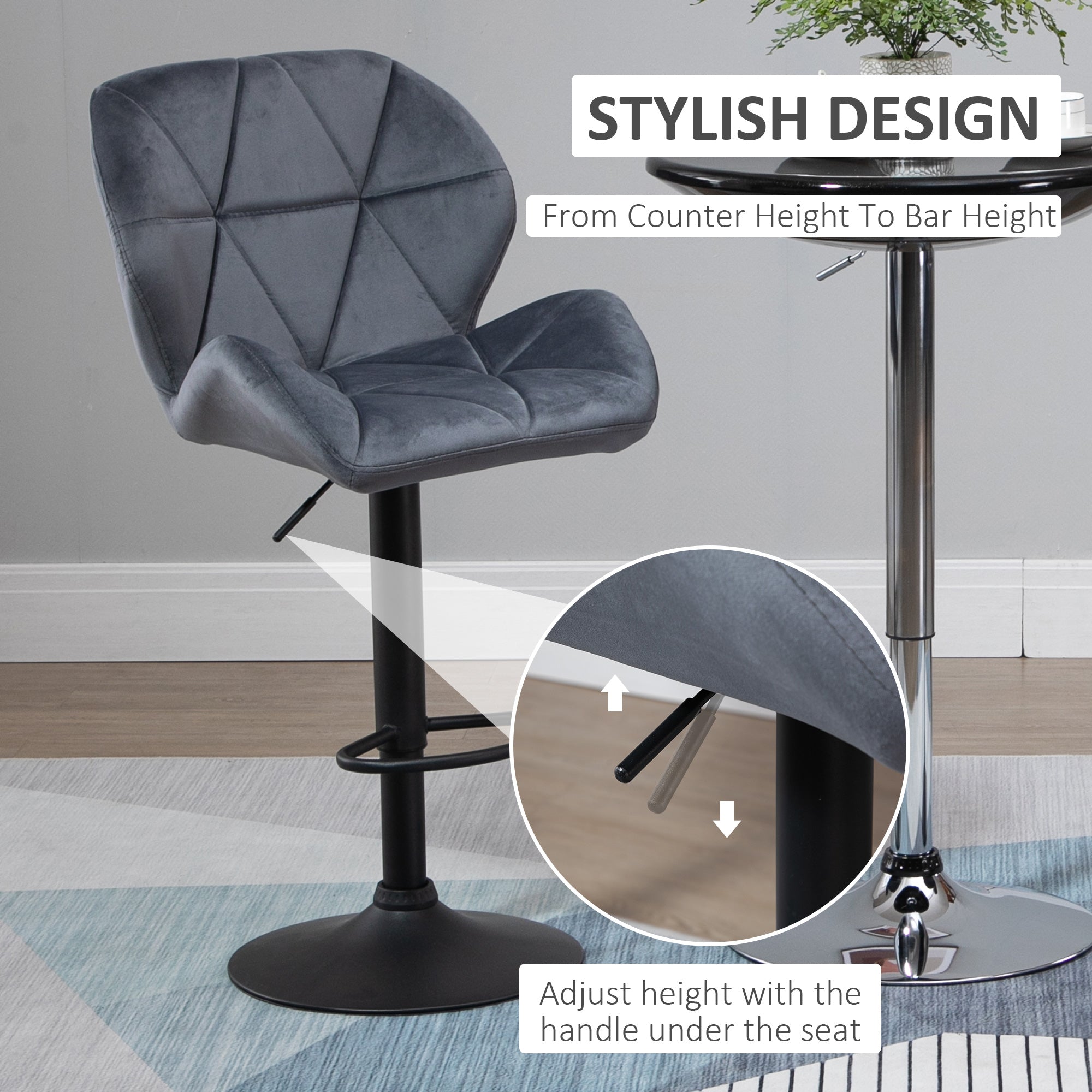 HOMCOM Adjustable Bar Stools Set of 2, Armless Upholstered Swivel Counter Chairs, Barstools with Back, Footrest, Dark Grey - North Peak Garden Furniture