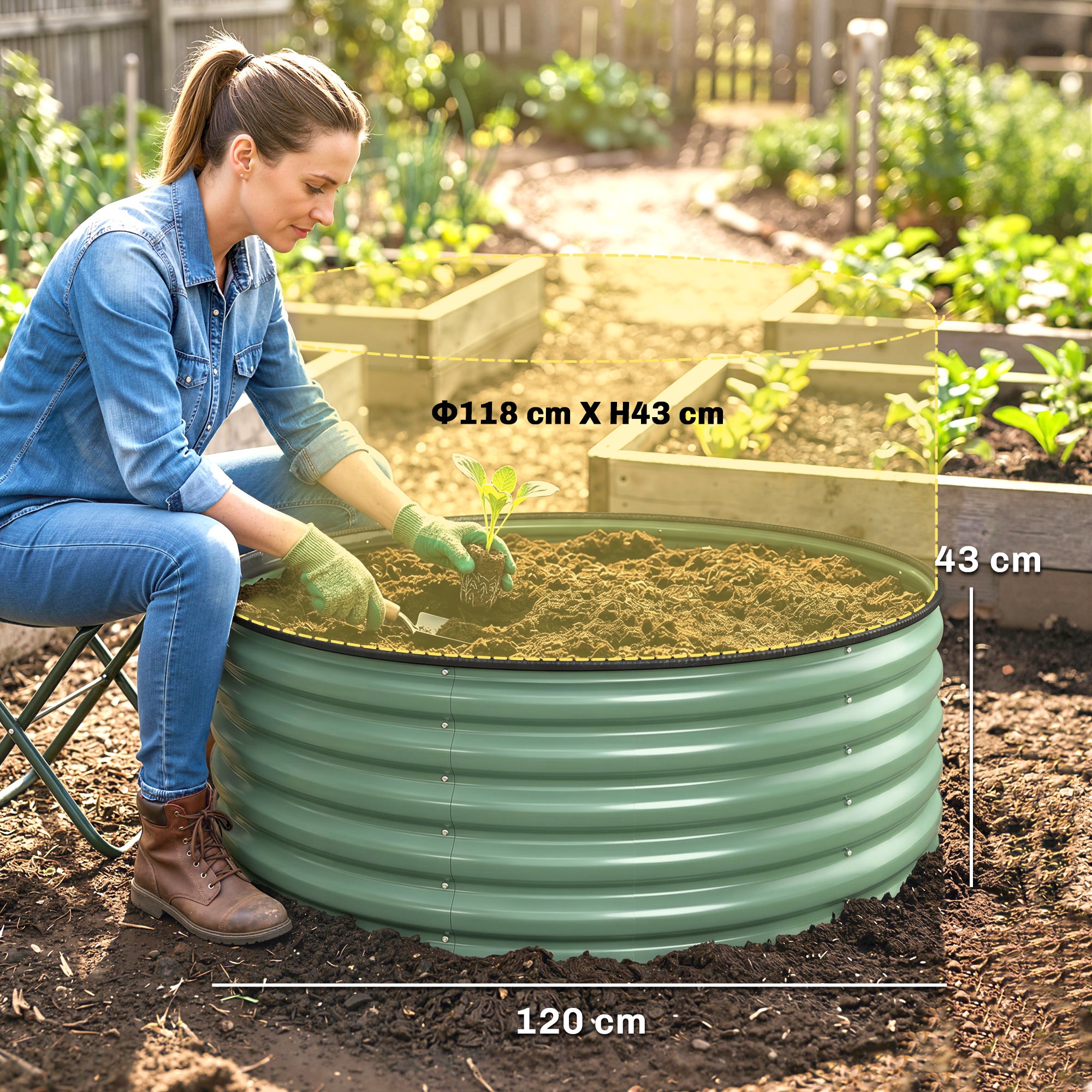 Outsunny Galvanised Raised Garden Bed with Safety Edging, Outdoor Raised Planter Box with Gloves, 120 x 120 x 43cm, Light Green