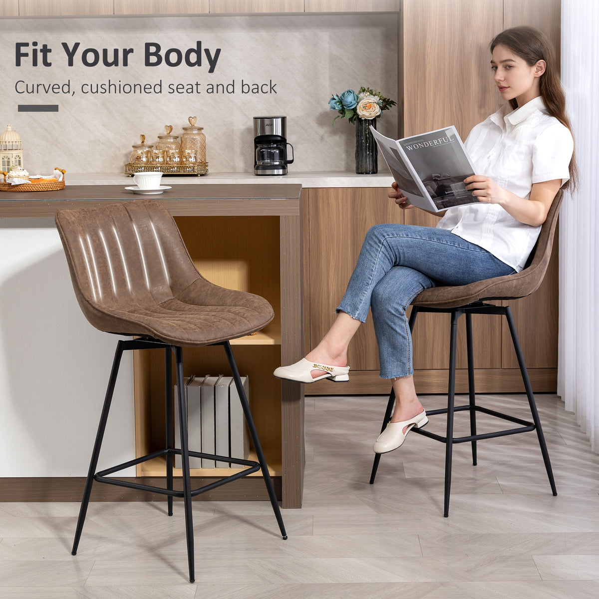 HOMCOM Set of 2 PU Leather Swivel Bar Stools - Brown