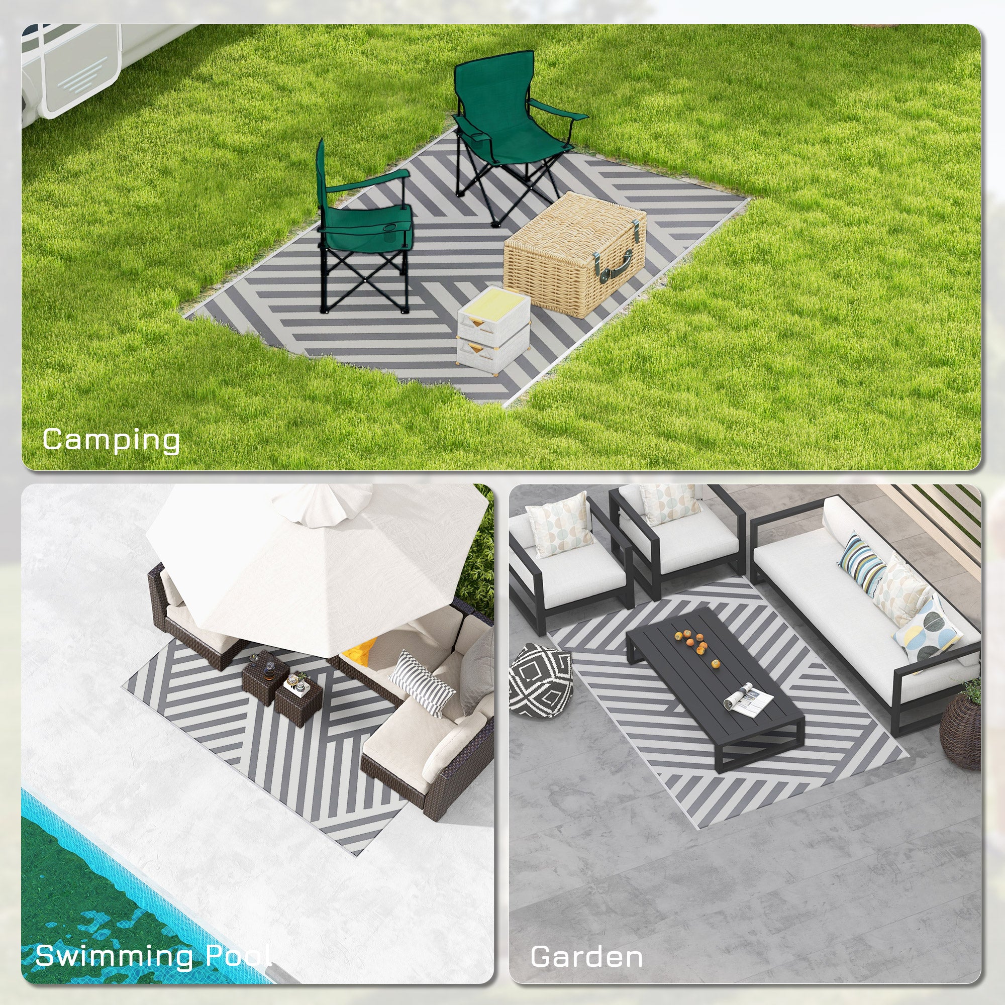 Outsunny Plastic Straw Reversible RV Outdoor Rug with Carry Bag, 182 x 274cm, Grey and Cream - North Peak Garden Furniture