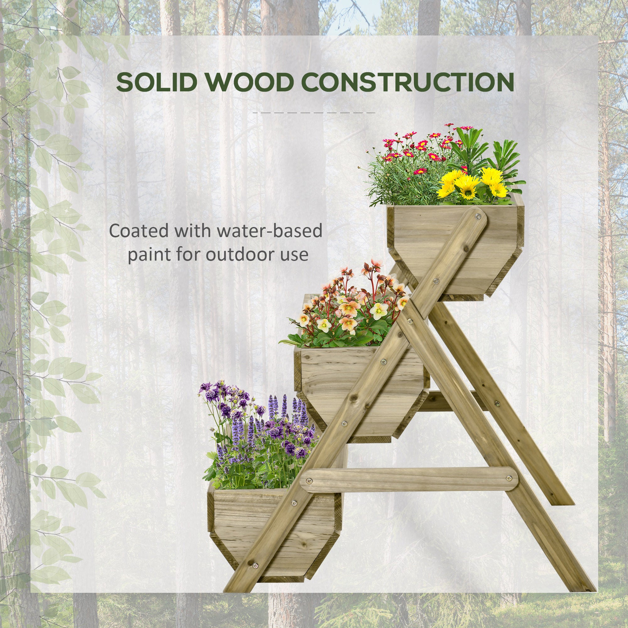 Outsunny 3 Tier Raised Garden Bed Wooden Elevated Planter Box Kit, 66L for Flower, Vegetable, Herb, 65x75x78cm, Green - North Peak Garden Furniture