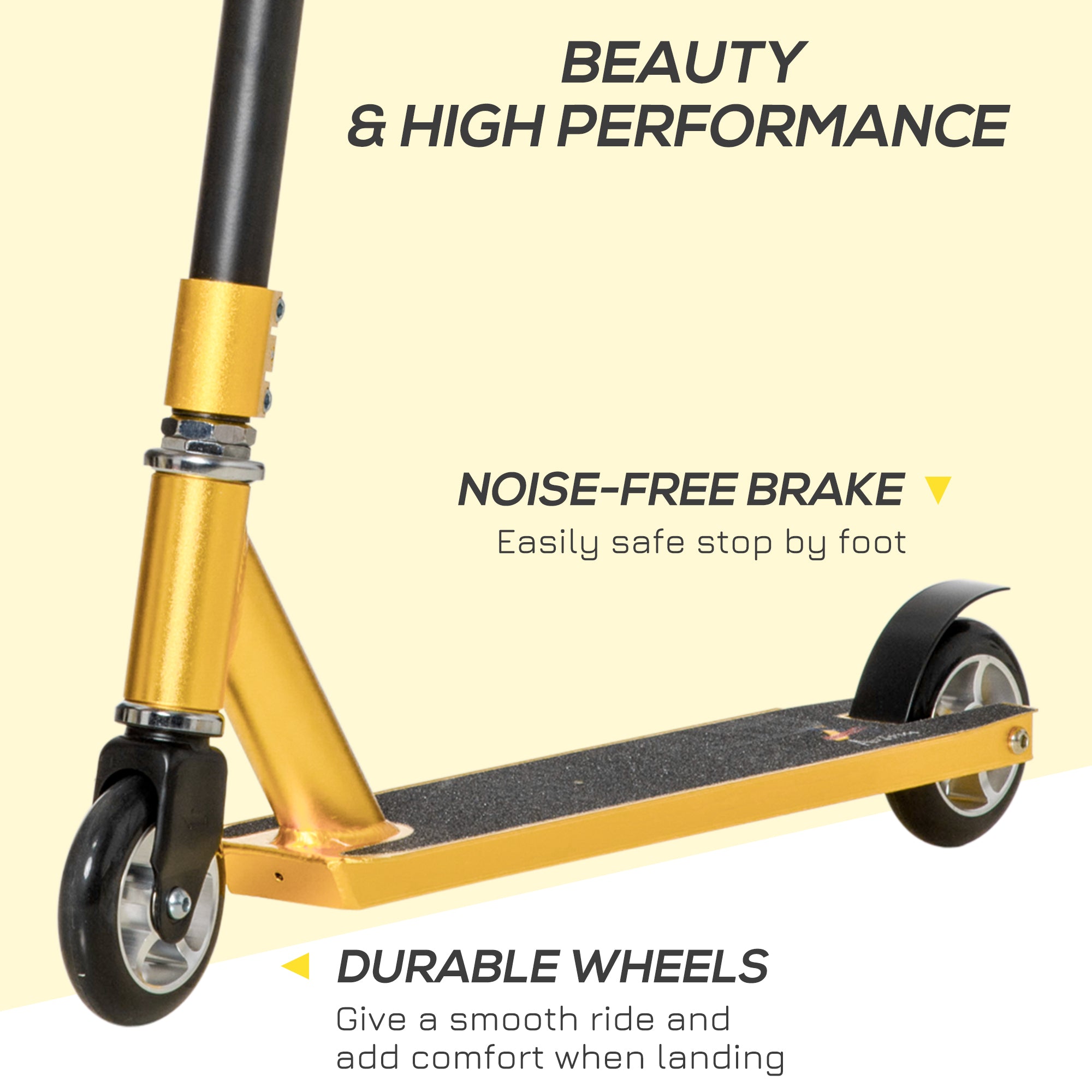 HOMCOM Stunt Scooter, 360° Entry Level Tricks Scooter w/ Lightweight Aluminium Deck and ABEC 7 Bearing, For Age 14+ Beginners, Gold Tone - North Peak Garden Furniture