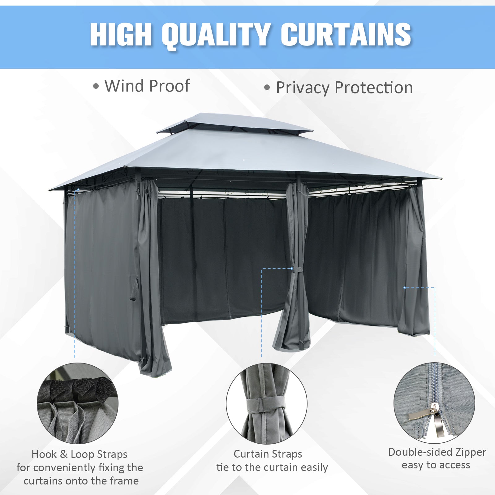 Outsunny 4m x 3(m)Garden Gazebo, Double Roof Outdoor Gazebo Canopy Shelter with Curtains, Solid Steel Frame for Lawn and Deck, Grey - North Peak Garden Furniture