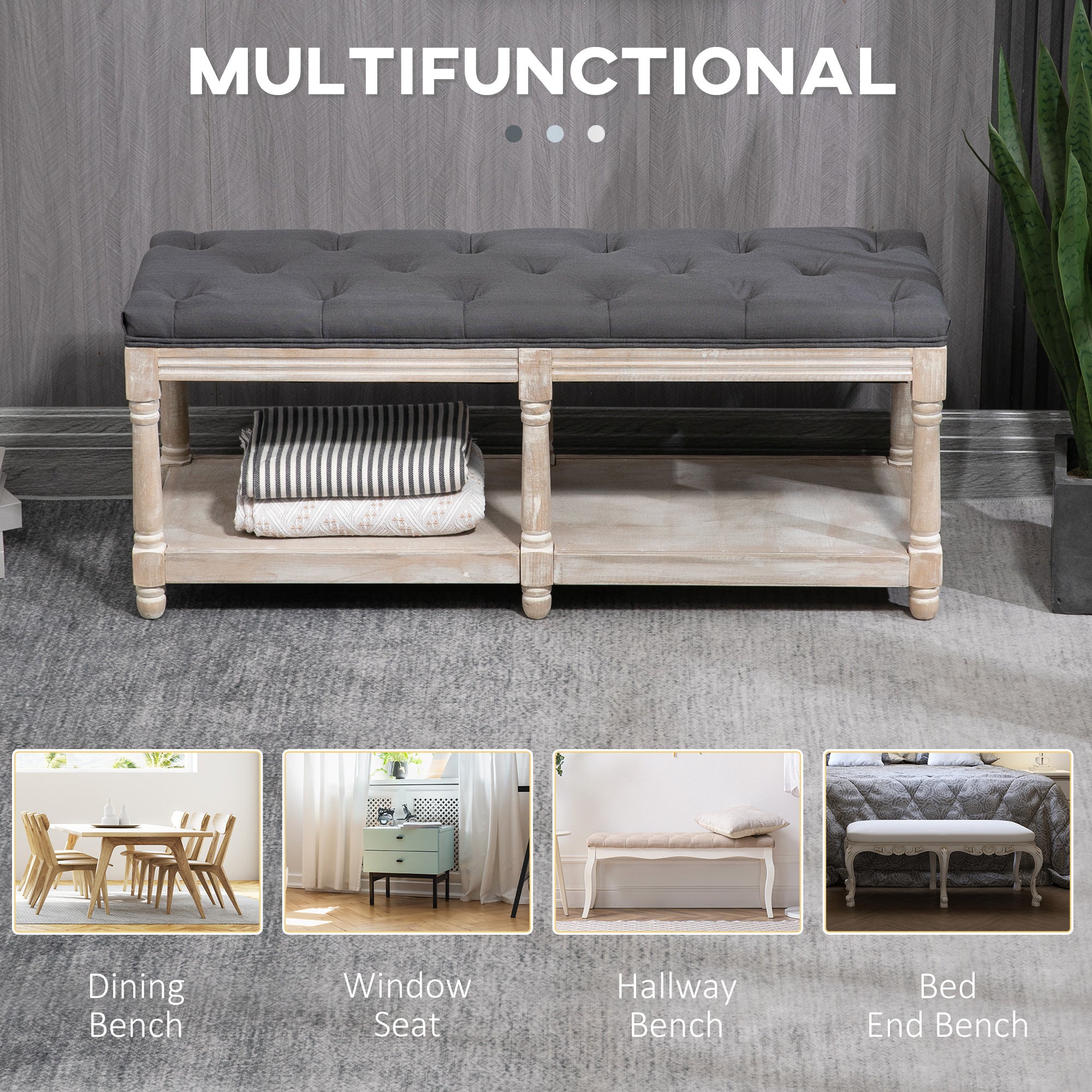 HOMCOM 2-Tier Bed End Bench, Vintage Stool, Wooden Window Seat with Storage Shelf, Button Tufted Upholstered Footstool for Living Room, Bedroom, Entryway, Grey - North Peak Garden Furniture