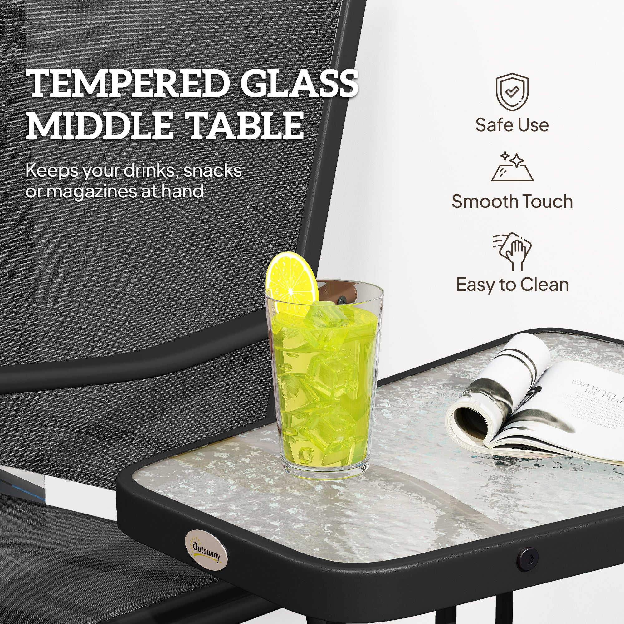 Outsunny Gliding Jack and Jill Seat, with Glass-Top Table - Black