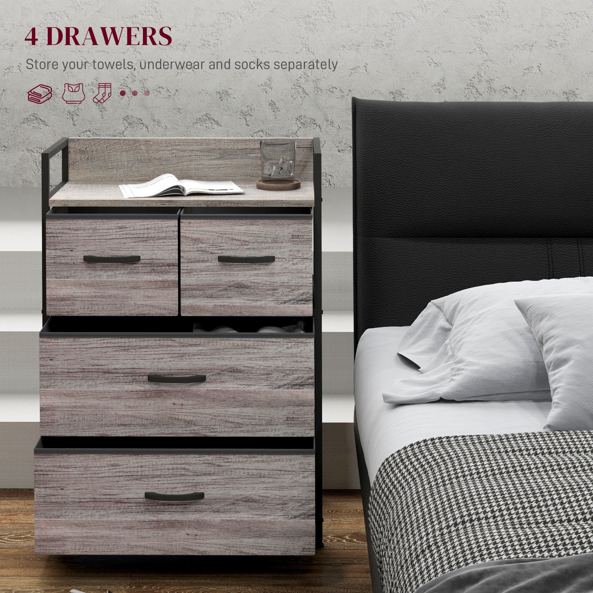 HOMCOM Rustic Chest of Four Fabric Drawers - Grey Wood Effect - North Peak Garden Furniture