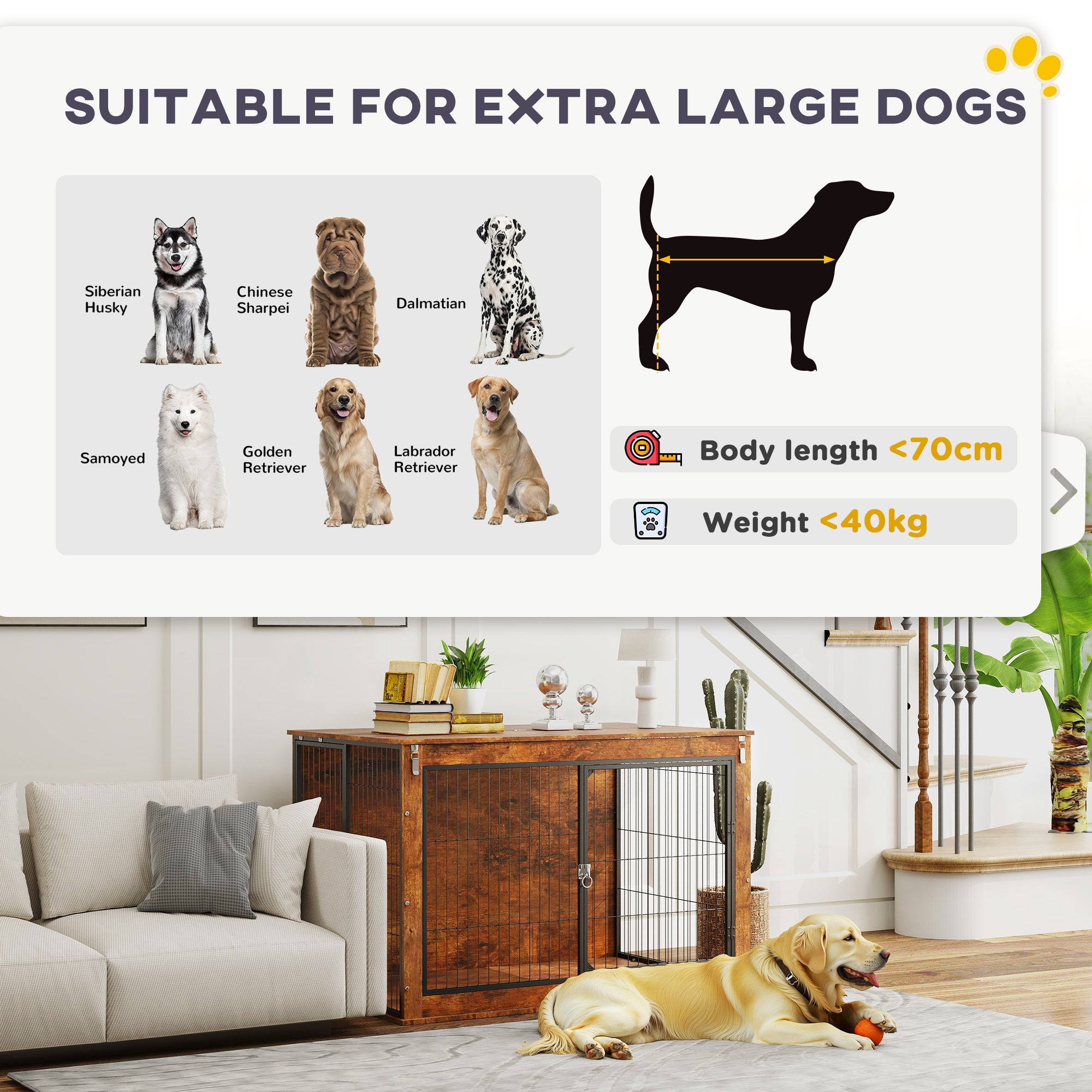 PawHut Dog Crate Furniture with Flip-up Top, 2 Doors, for Extra Large Dogs, 118 x 75 x 77cm, Rustic Brown - North Peak Garden Furniture