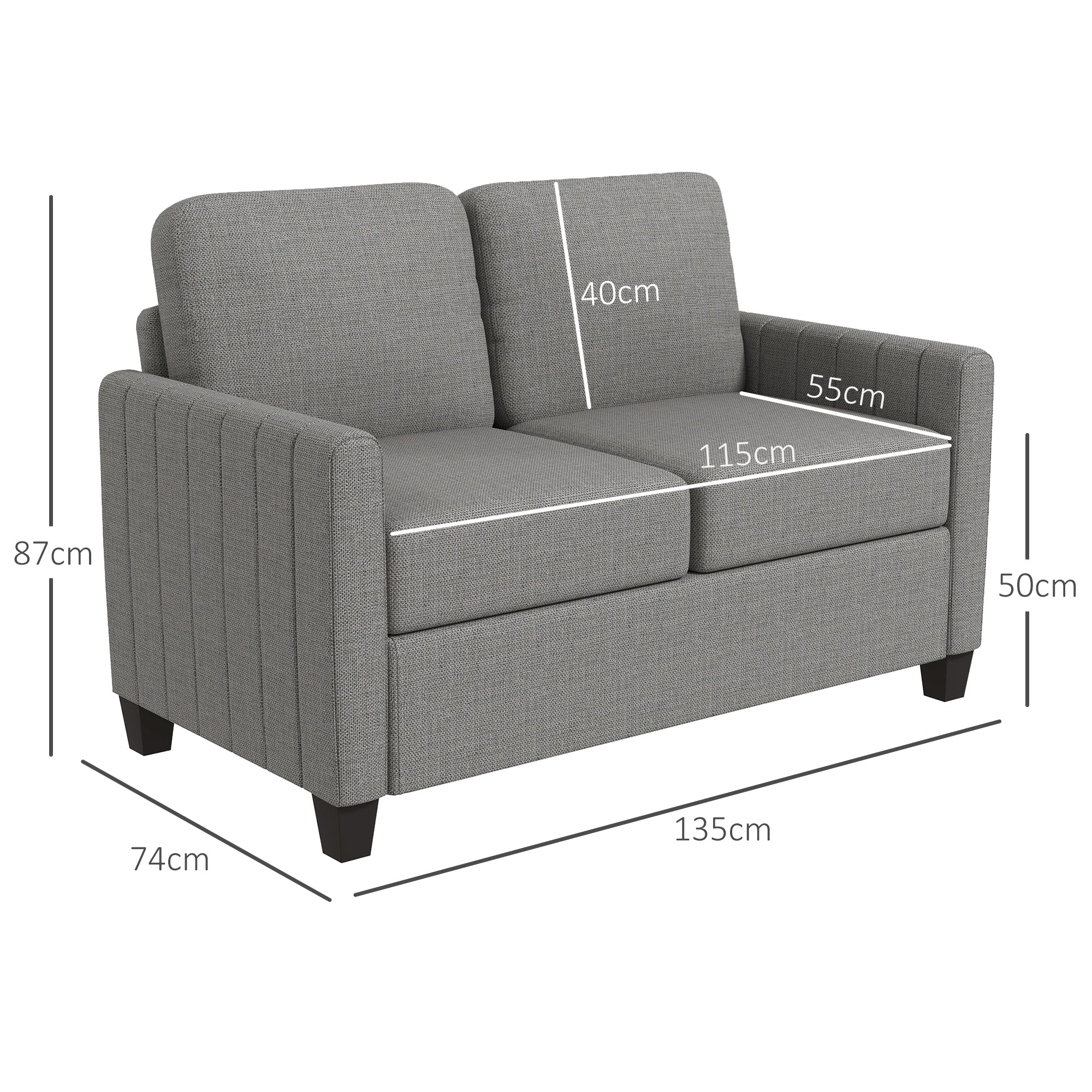 HOMCOM 2 Seater Sofa, Channel Tufted Modern Fabric Couch, Comfy Upholstered Small Sofa Loveseat with Spring Cushion, Back Pillow, for Living Room, Bedroom, Office, Light Grey - North Peak Garden Furniture