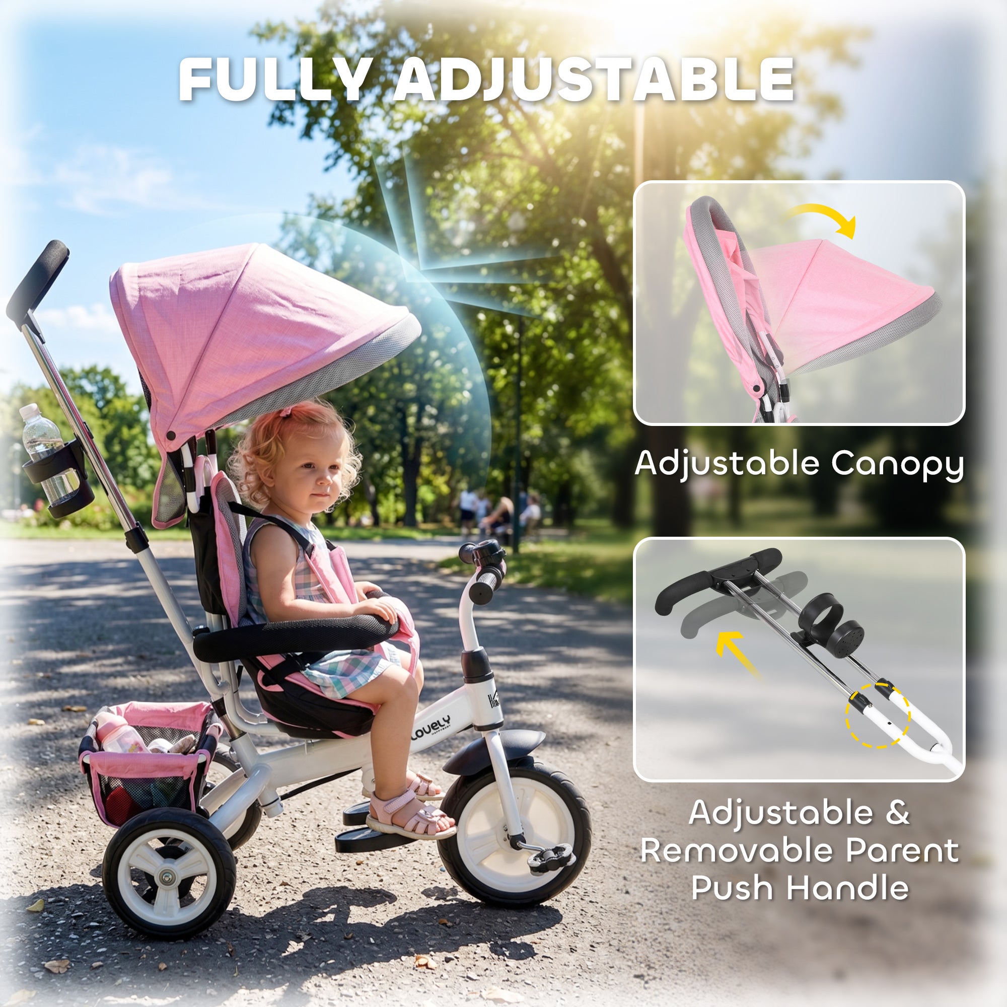 HOMCOM 6 in 1 Kids Trike Push Bike w/ Push Handle, Canopy, 5-point Seat Belt, Storage, Footrest, Brake, for 1-5 Years, Pink