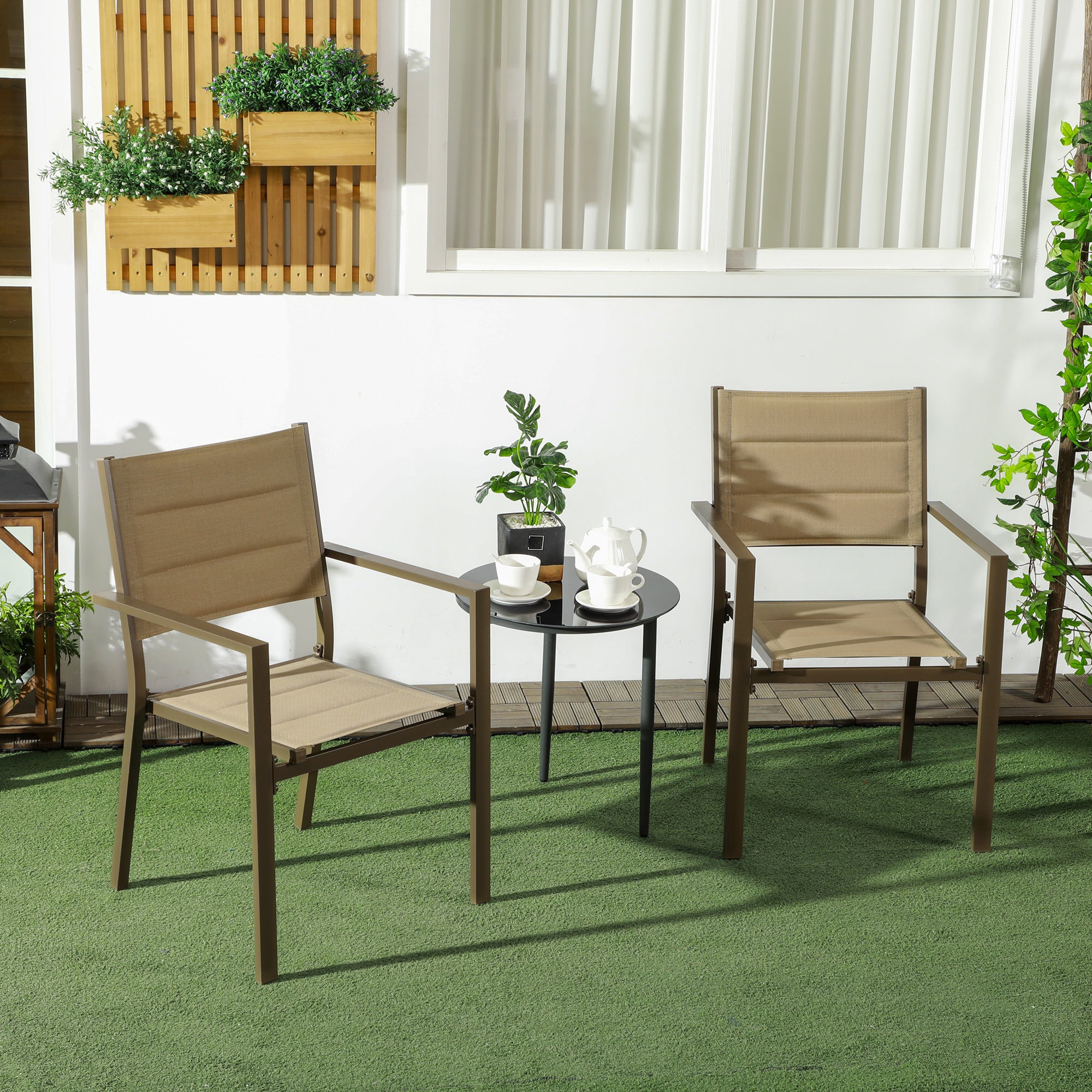 Outsunny Set of Two Aluminium Stacking Garden Chairs - Khaki - North Peak Garden Furniture