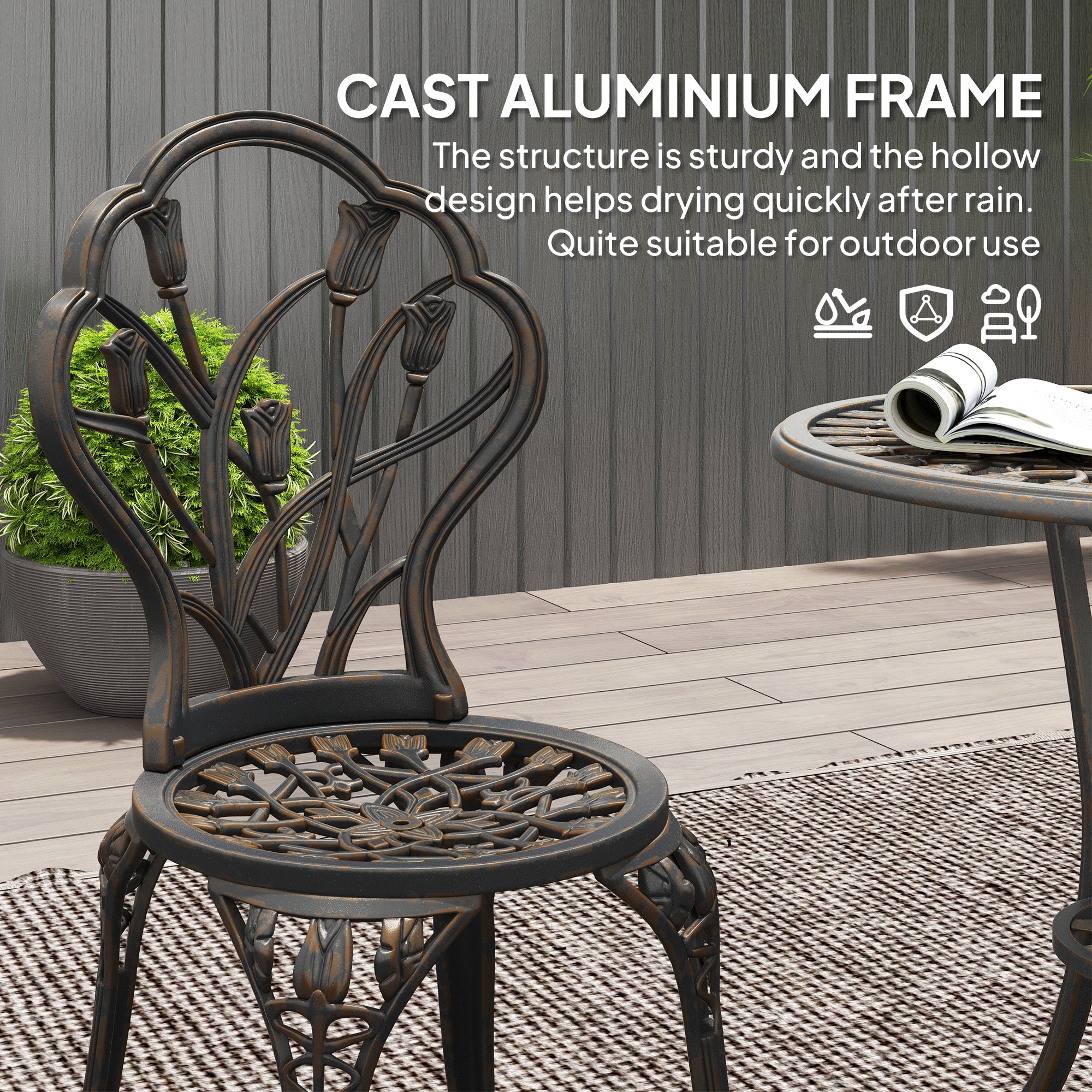 Outsunny 3 Piece Patio Bistro Set for 2, Outdoor Aluminium Garden Table and Chairs with Umbrella Hole for Balcony, Bronze Tone - North Peak Garden Furniture