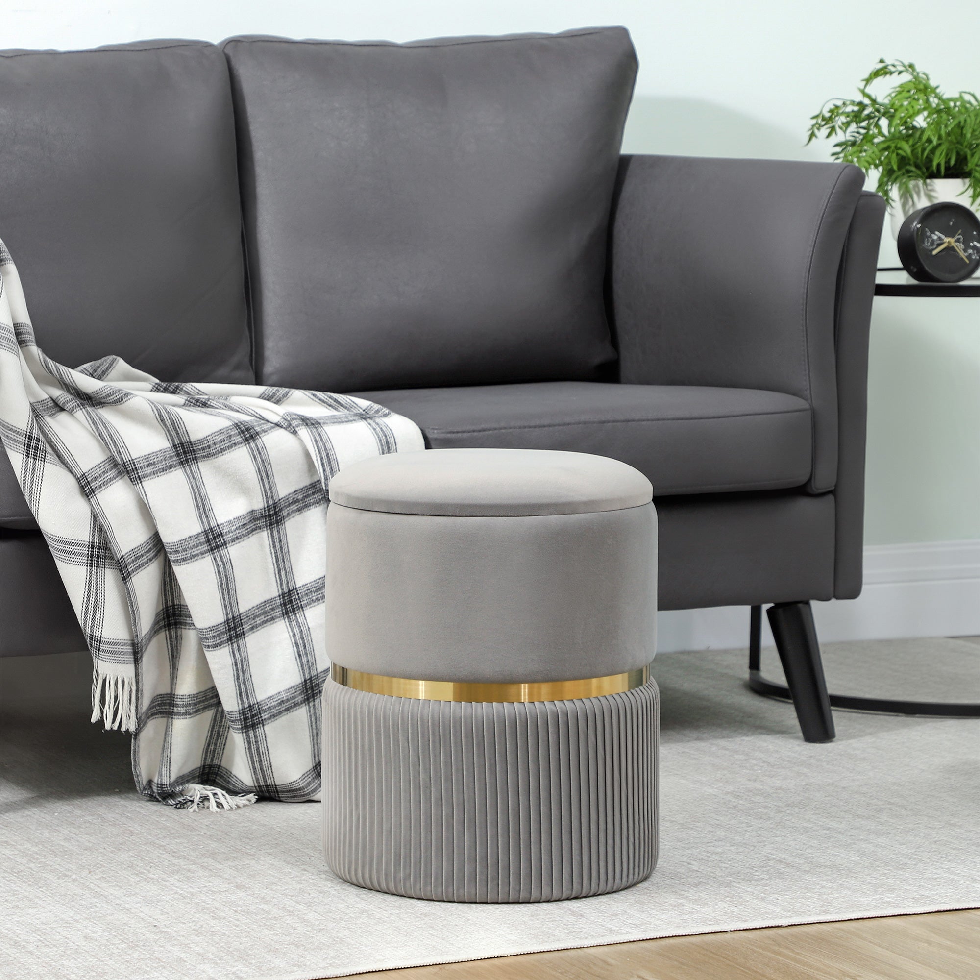 HOMCOM Velvet-Feel Storage Ottoman - Light Grey