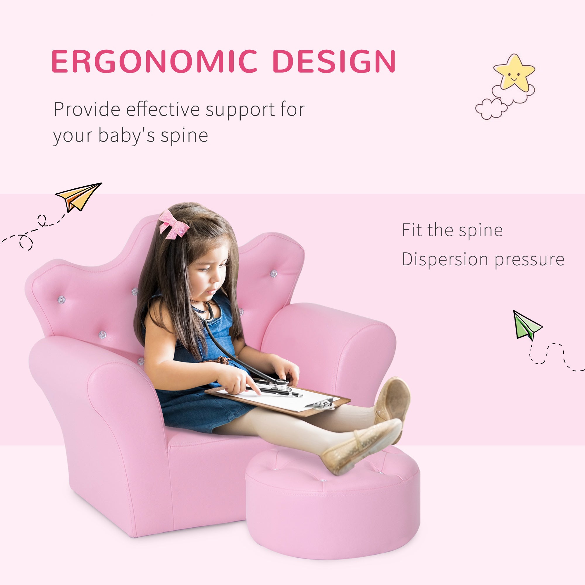 HOMCOM Children Kids Sofa Set Armchair Chair Seat with Free Footstool PU Leather for Girls 58L x 40.5W x 49H cm Pink - North Peak Garden Furniture