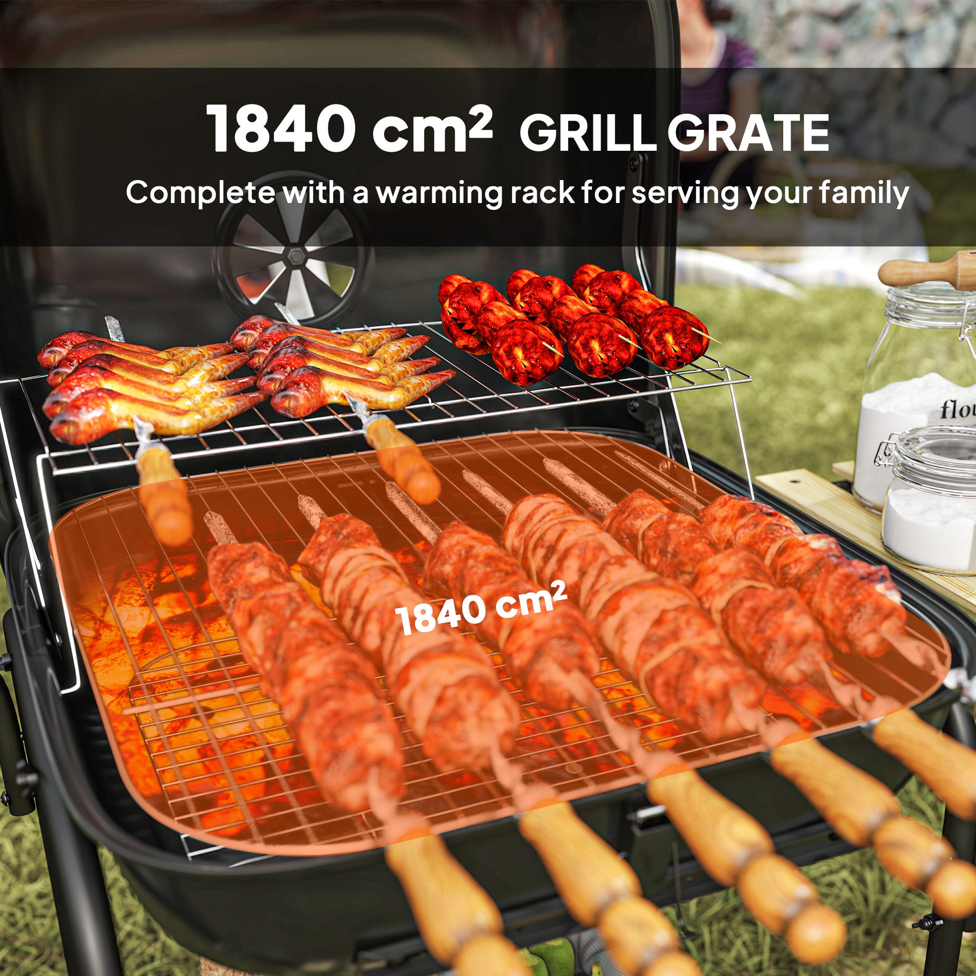 Outsunny Charcoal Barbecue Grill Portable BBQ Grill with 1840 cm² Cooking Area, 3 Shelves, Adjustable Vent, Lockable Lid, Wheels for Outdoor Cooking, Garden Party, Black - North Peak Garden Furniture