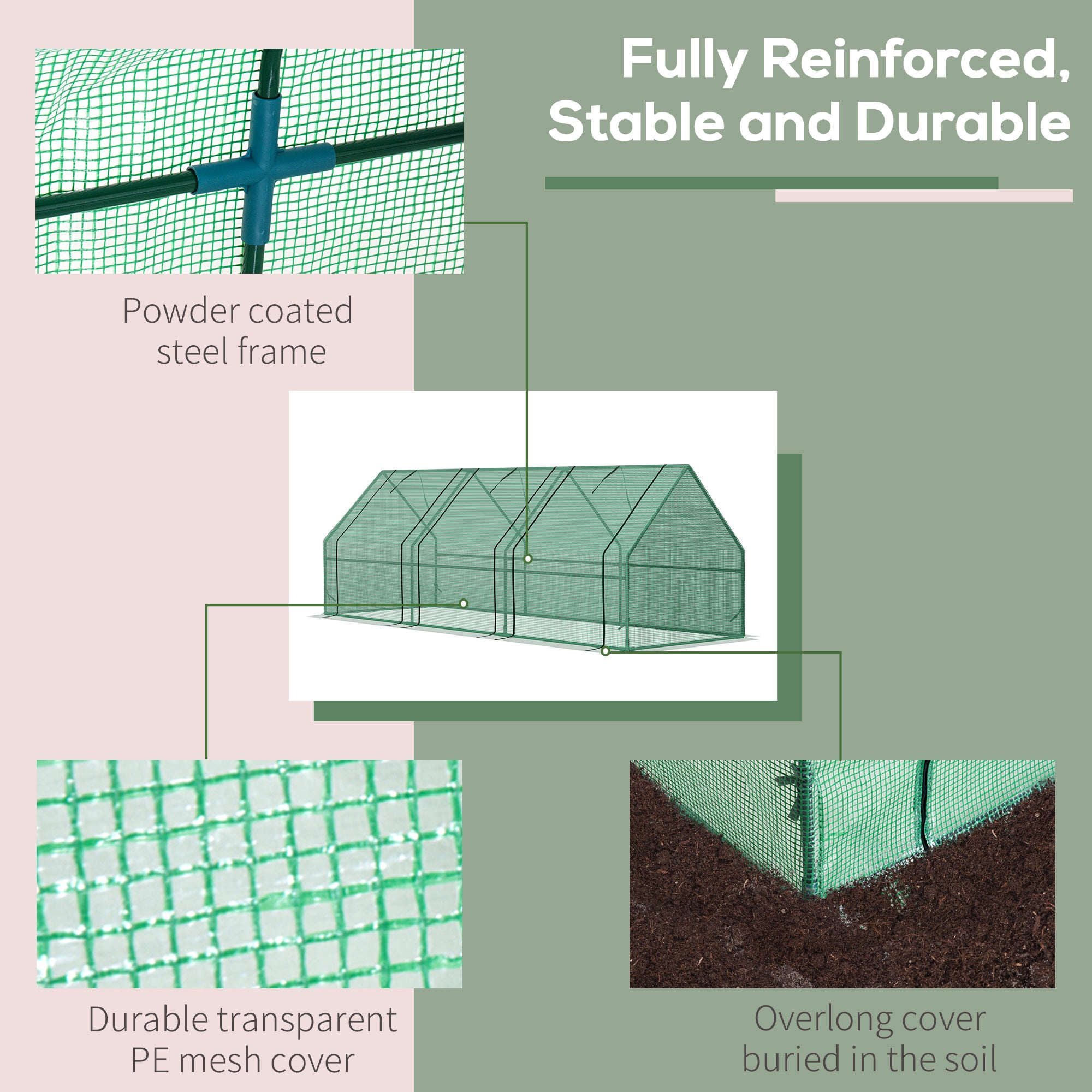Outsunny Mini Small Greenhouse with Steel Frame & PE Cover & Zipped Window Poly tunnel Steeple for Plants Vegetables, 270 x 90 x 90 cm, Green - North Peak Garden Furniture