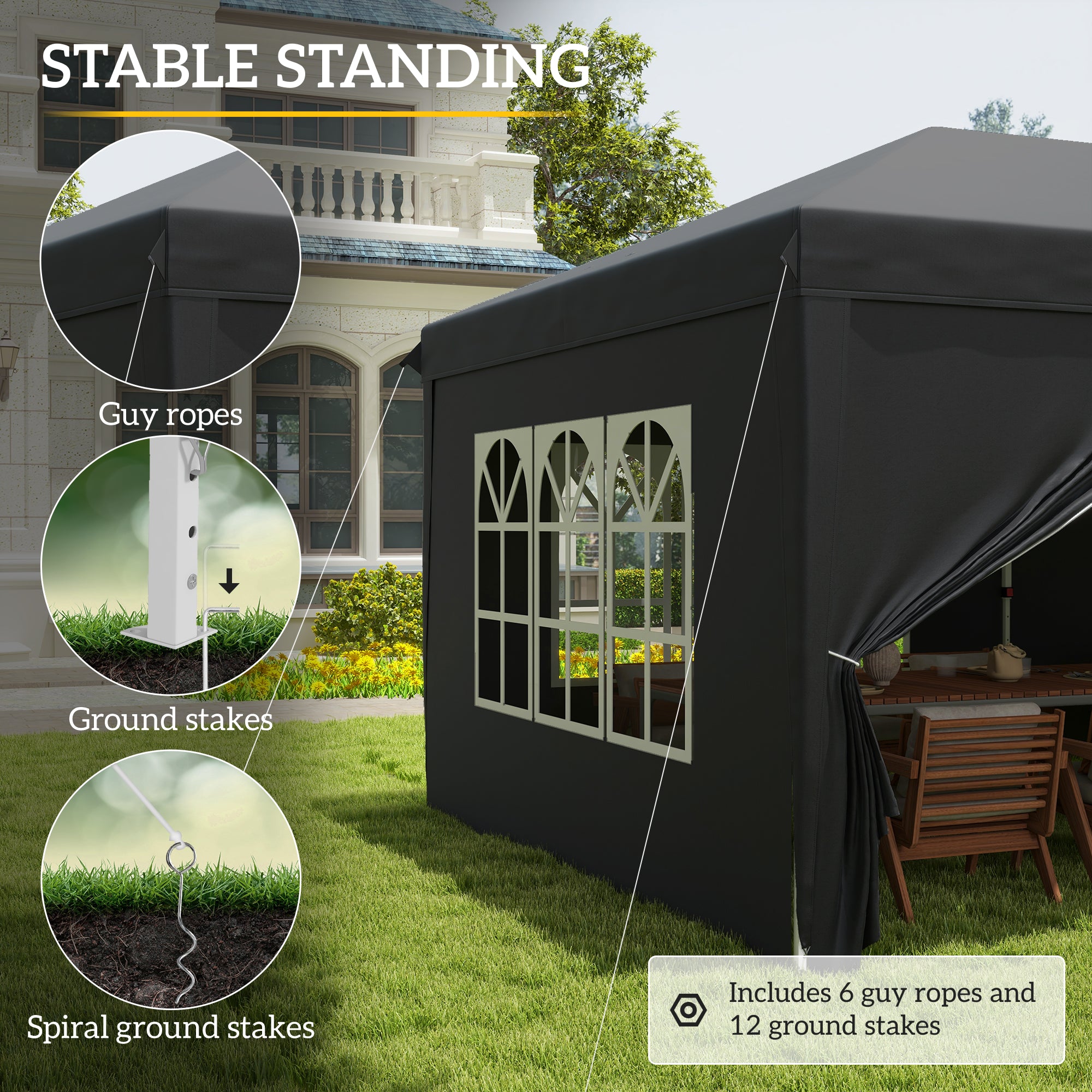 Outsunny 3 x 6 m Pop Up Gazebo with Sides and Windows, Height Adjustable Party Tent with Storage Bag for Garden, Camping, Event, Black