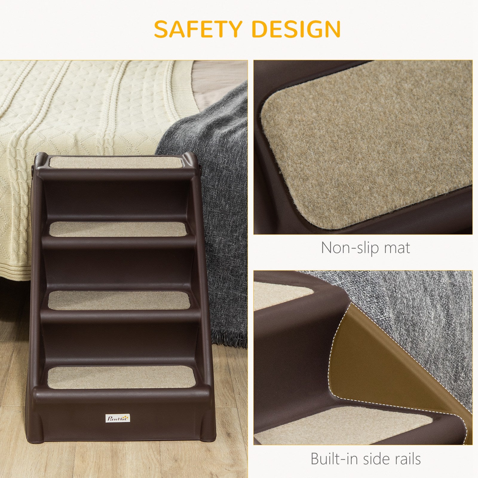 PawHut Foldable Four-Step Pet Stairs, for Cats, Small Miniature Dogs, with Non-Slip Mats 62 x 38 x 49.5cm - Brown - North Peak Garden Furniture