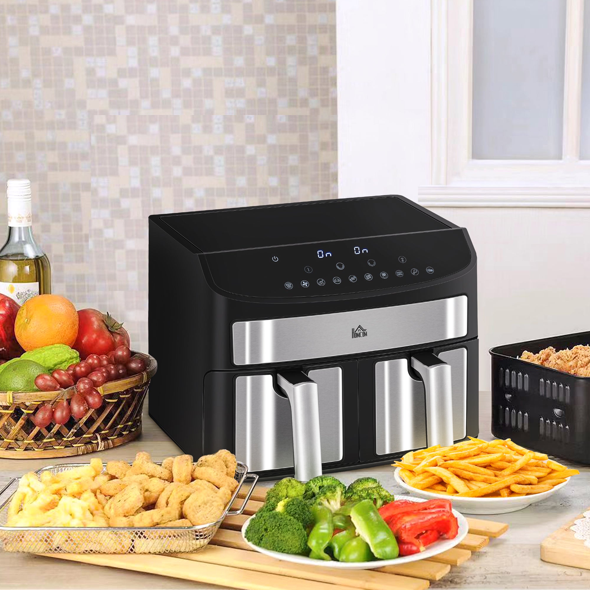 HOMCOM Dual Zone Air Fryer, 10-in-1 8L with Sync Cook & Sync Finish, 60-Minute Timer for Oil Free & Low Fat Cooking, 2400W - North Peak Garden Furniture