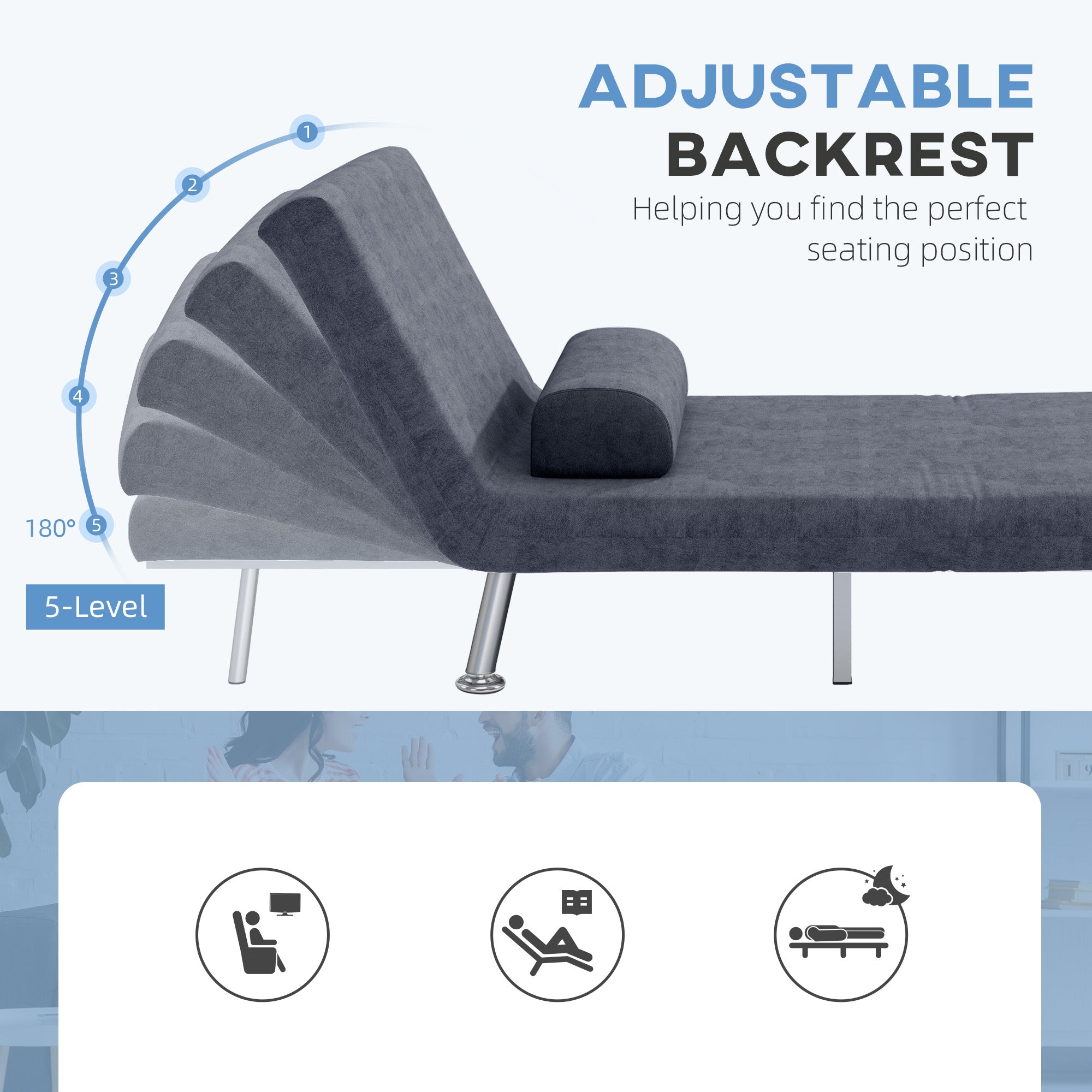 HOMCOM Single Velvet-Feel Sleeper Chair - Charcoal Grey - North Peak Garden Furniture