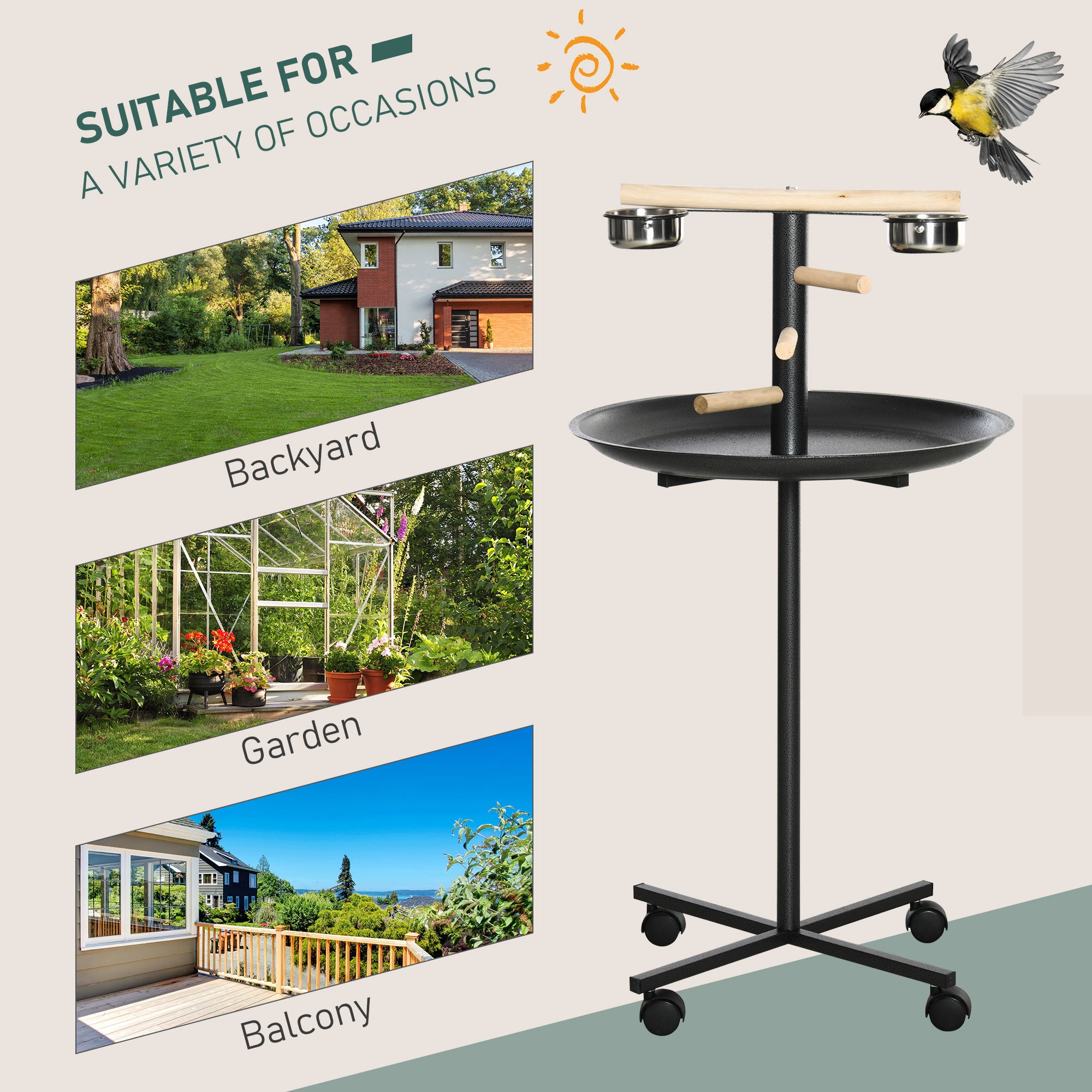 PawHut Metal Bird Table Play Stand, Bird Feeder Station Parrot Perch with Four Wheels Feeding Bowls Round Tray - North Peak Garden Furniture