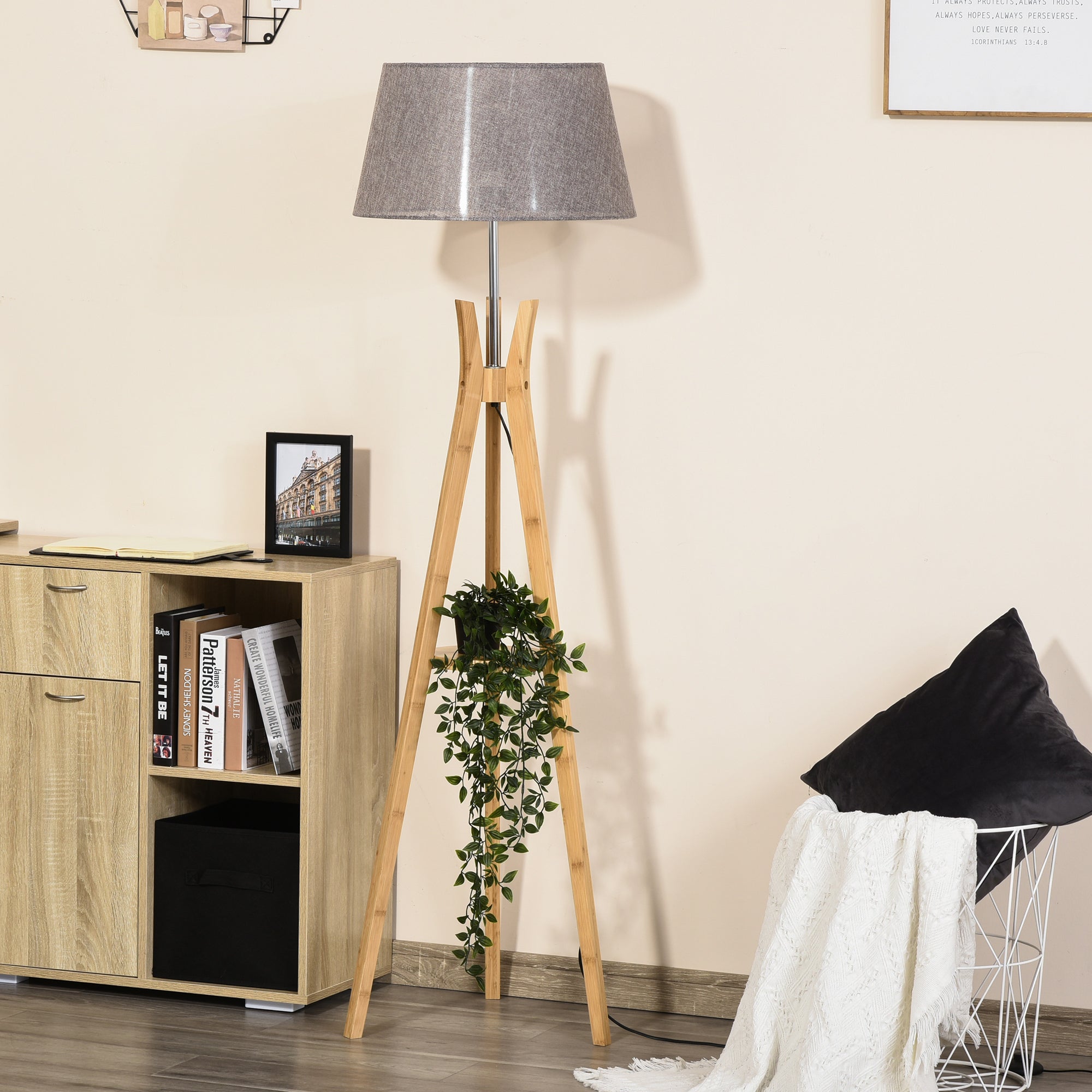 HOMCOM Natural Wood Tripod Floor Lamp Light E27 Base Bedroom Living Room Fabric Shade Storage Shelf Foot Switch, 156cm, Grey - North Peak Garden Furniture