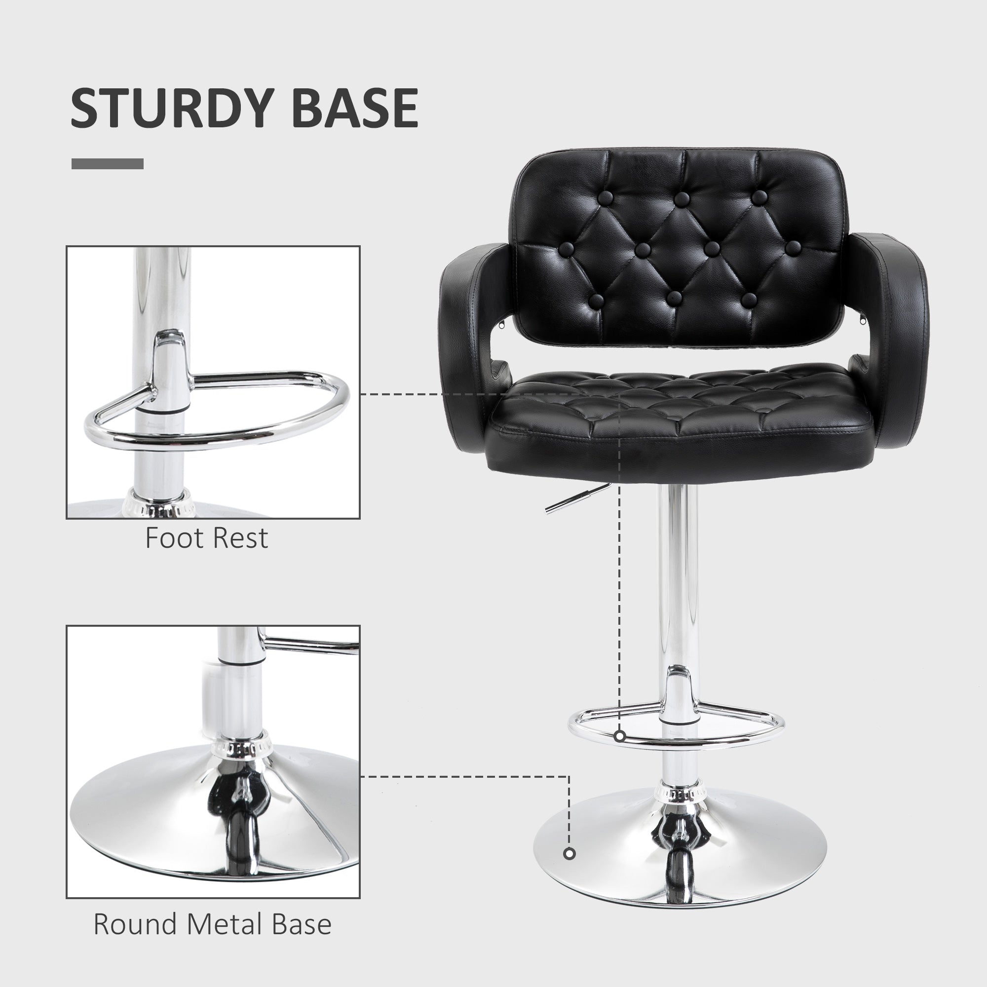 HOMCOM PU Leather Upholstered Swivel Bar Stool, Height Adjustable Barstool with Back, Armrest, Footrest for Kitchen - North Peak Garden Furniture