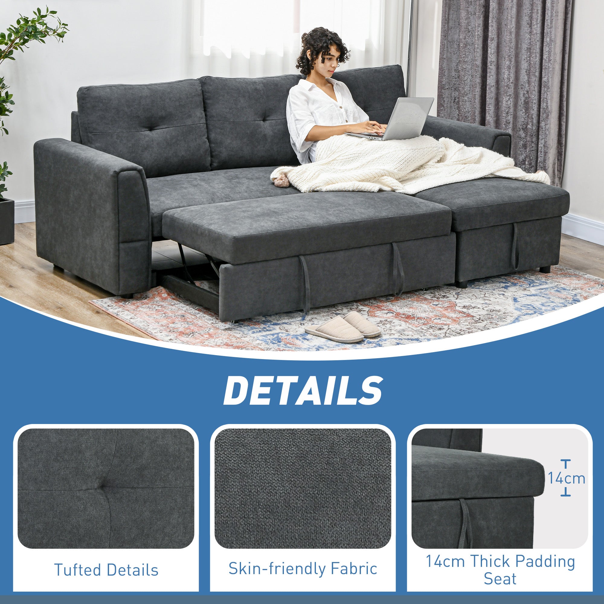 HOMCOM 3 Seater Sofa Bed, L-Shaped Corner Sofa, Pull Out Sofa with Storage, Convertible Click Clack Settee Sectional Sleeper Futon for Living Room, Office, Dark Grey - North Peak Garden Furniture