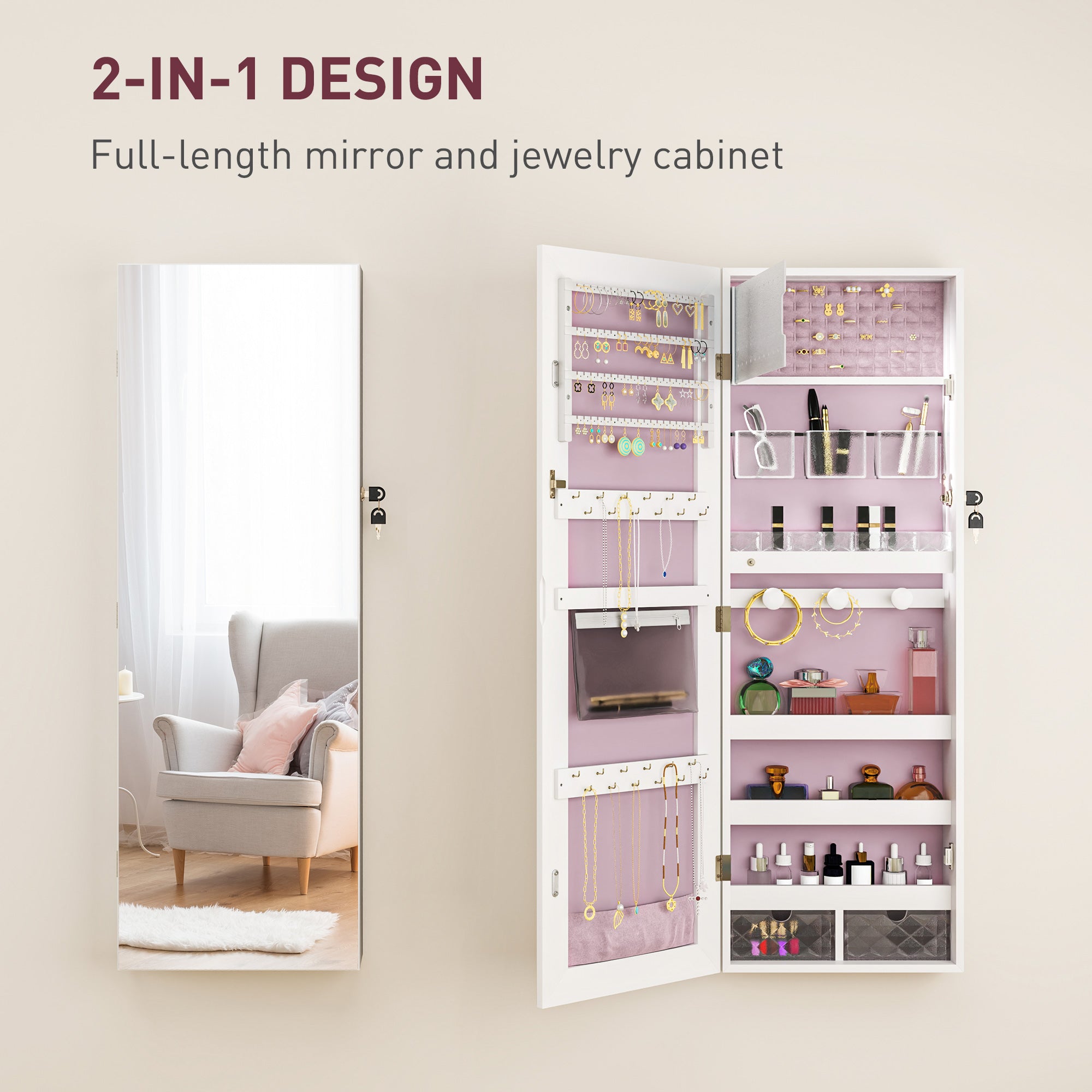HOMCOM 108 x 37cm Lockable Jewellery Cabinet, with LED Lights - White Surface and Pink Lining - North Peak Garden Furniture