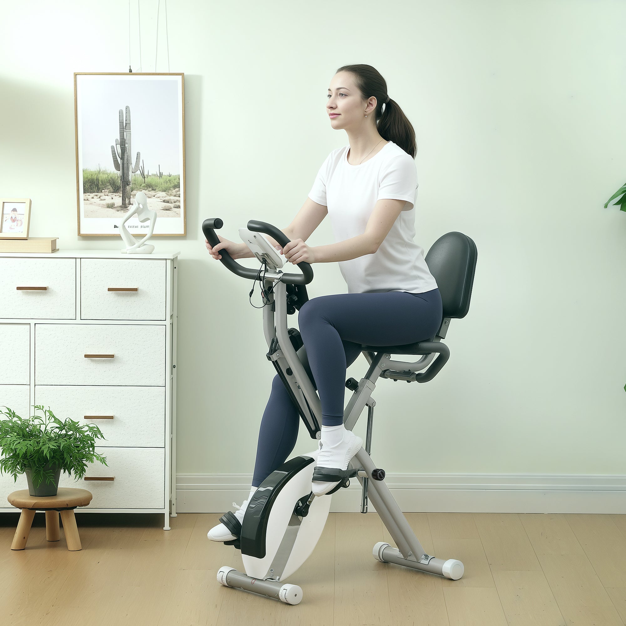 SPORTNOW 5-In-1 Folding Exercise Bike with Arm Workout Bands, Quiet 8-Level Magnetic Resistance Foldable Exercise Bike with LCD, Tablet Holder, Hand Pulse Sensor for Home Use Indoor Cycling, White - North Peak Garden Furniture