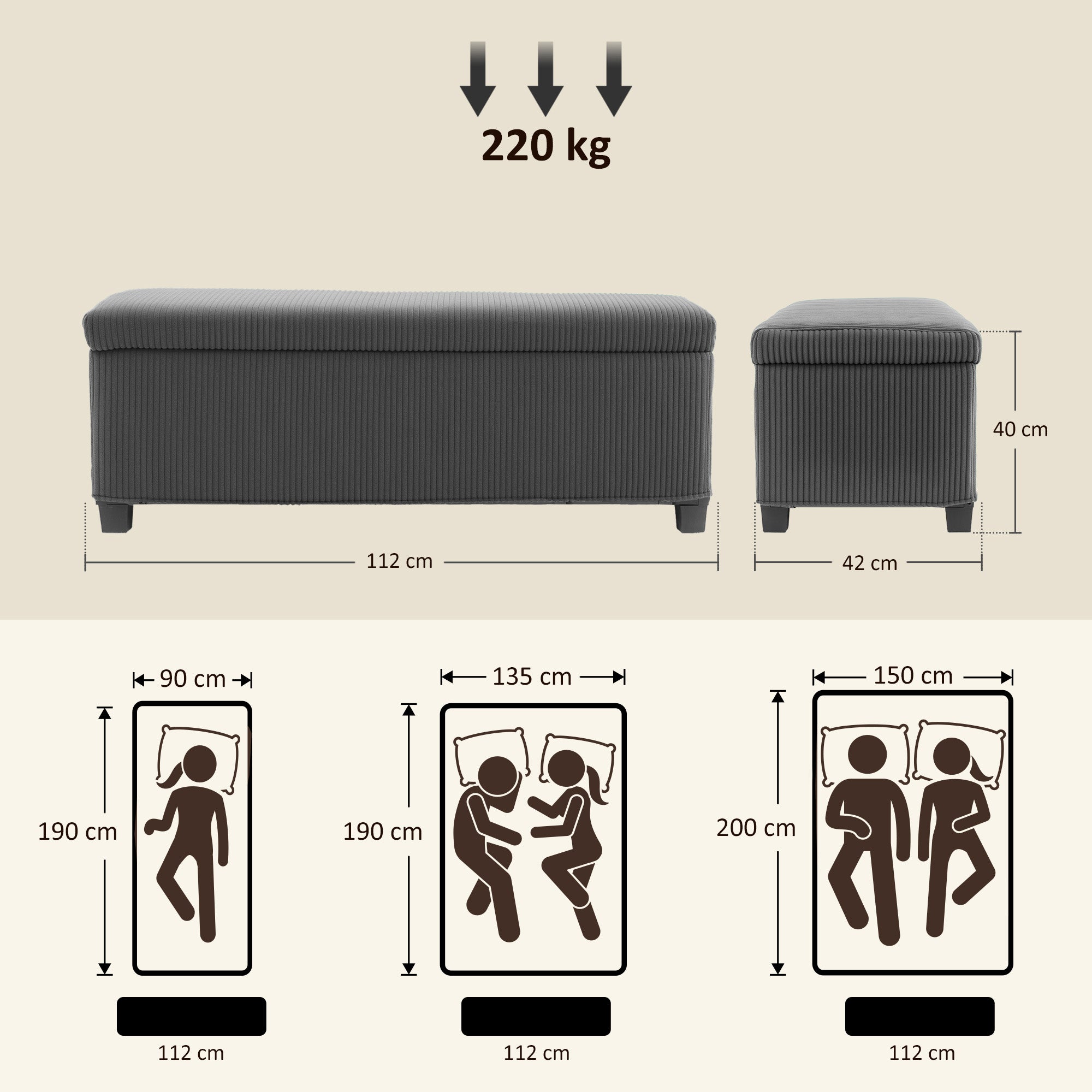 HOMCOM Storage Ottoman Bench, Corduroy Footstool with Removable Lid and Legs, 112cm Storage Chest Box for Living Room, Bedroom, Hallway, Grey - North Peak Garden Furniture