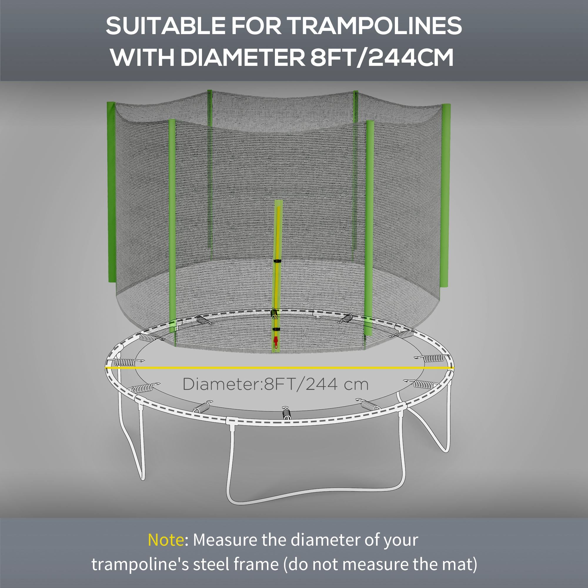 SPORTNOW 8ft Trampoline Net Replacement with 6 Plastic Pole Covers, Weather-Resistant Trampoline Netting Replacement with Zipped Entrance, Poles Not Included, Green