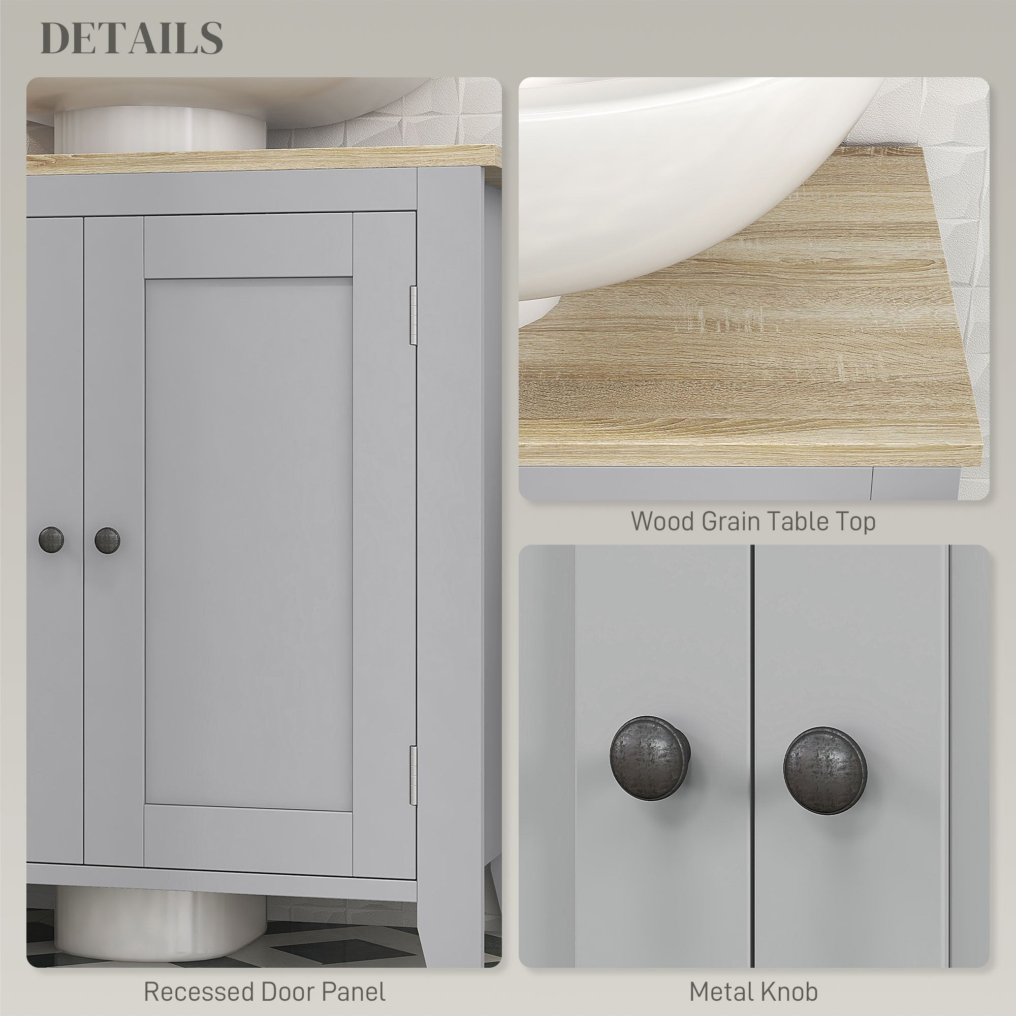 kleankin Under Sink Cabinet, Bathroom Sink Cabinet with 2 Doors, Pedestal Under Sink Design, Freestanding Bathroom Cupboard with Adjustable Shelf, Grey - North Peak Garden Furniture
