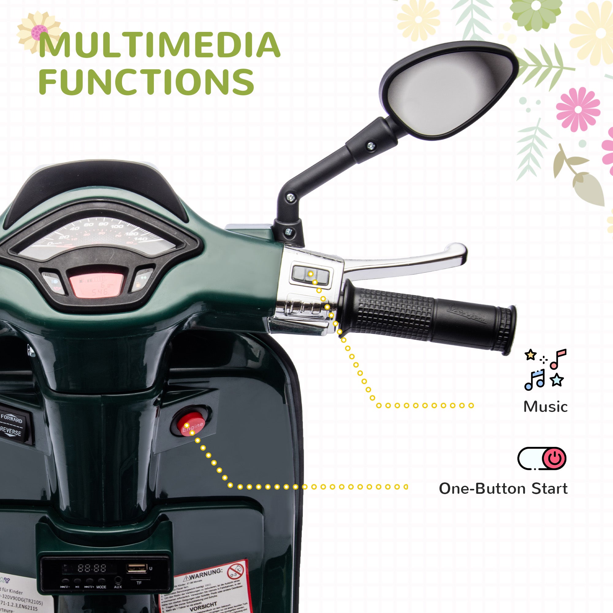 AIYAPLAY 12V Vespa Licensed Kids Electric Motorbike w/ Music, Headlights, FM Radio, for 3-6 Years - Green - North Peak Garden Furniture