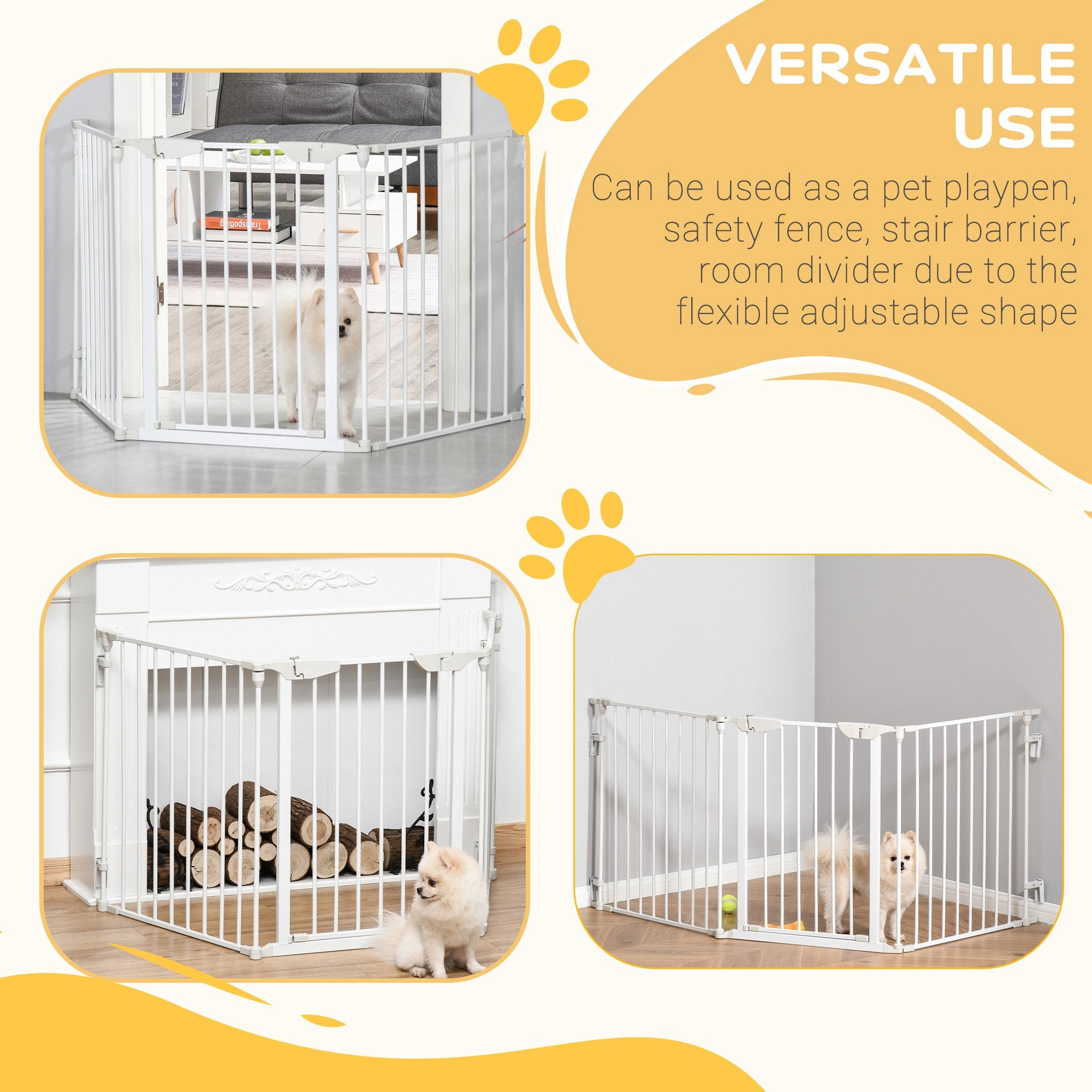 PawHut Pet Safety Gate, 3 Panels Playpen Fireplace, Metal Fence, Stair Barrier, Room Divider w/ Walk-Through Door - White - North Peak Garden Furniture