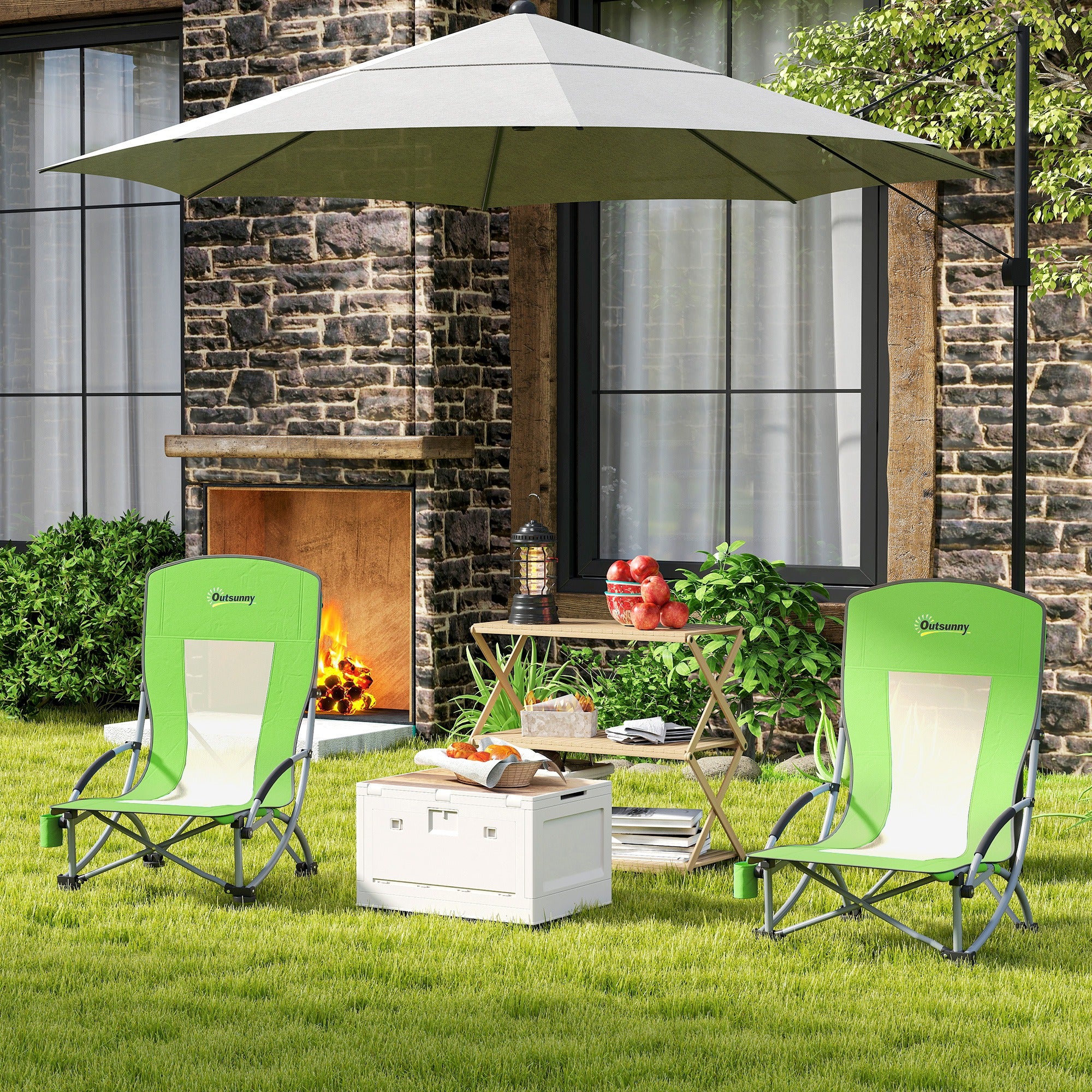 Outsunny Set of 2 Folding Beach Chair, Low Camping Chair with Mesh Back, Carry Bag and Cup Holder for Garden Outdoor Picnic Festival Travel, Green - North Peak Garden Furniture