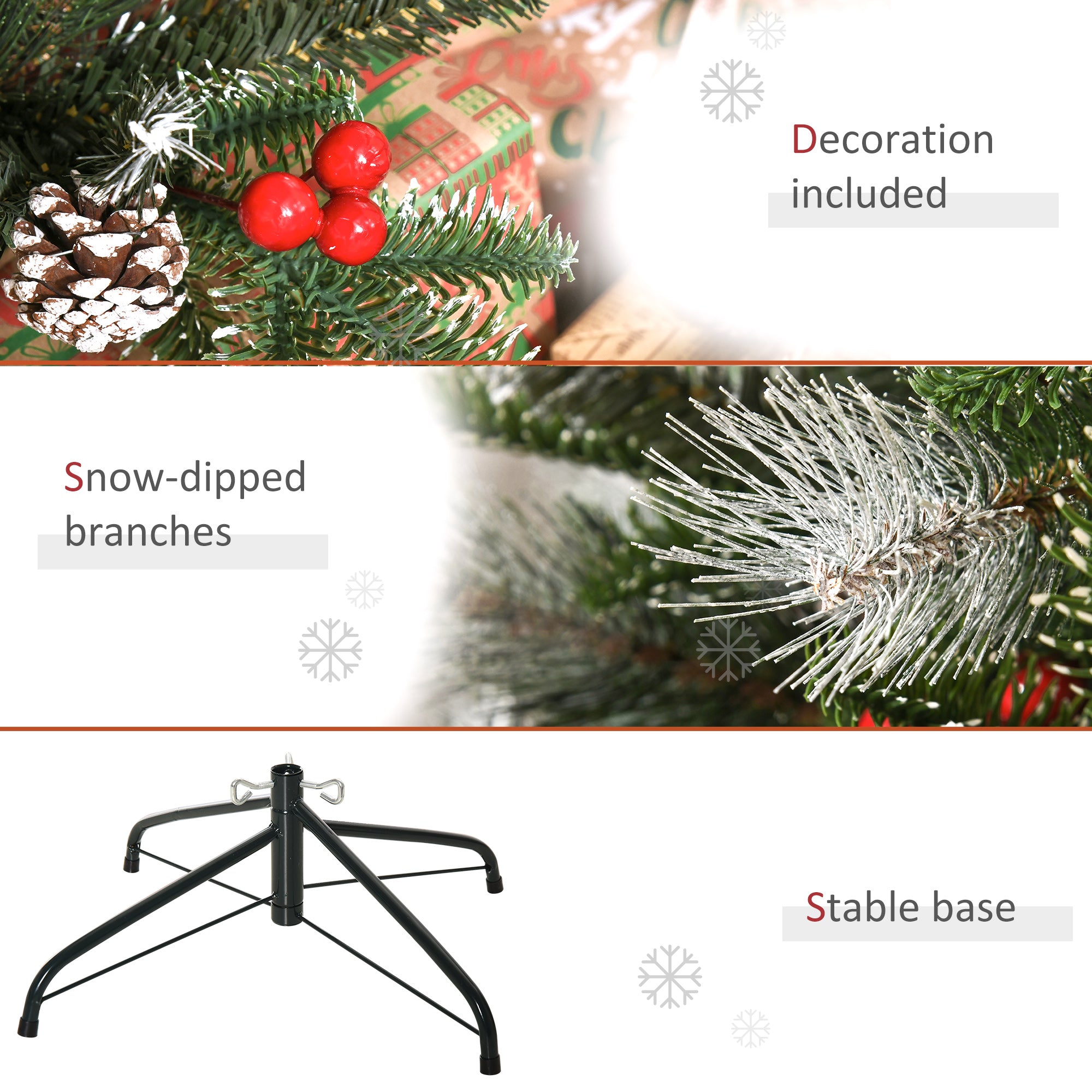 HOMCOM 4FT Artificial Snow Dipped Christmas Tree Xmas Pencil Tree Holiday Home Party Decoration with Foldable Feet Red Berries White Pinecones, Green - North Peak Garden Furniture