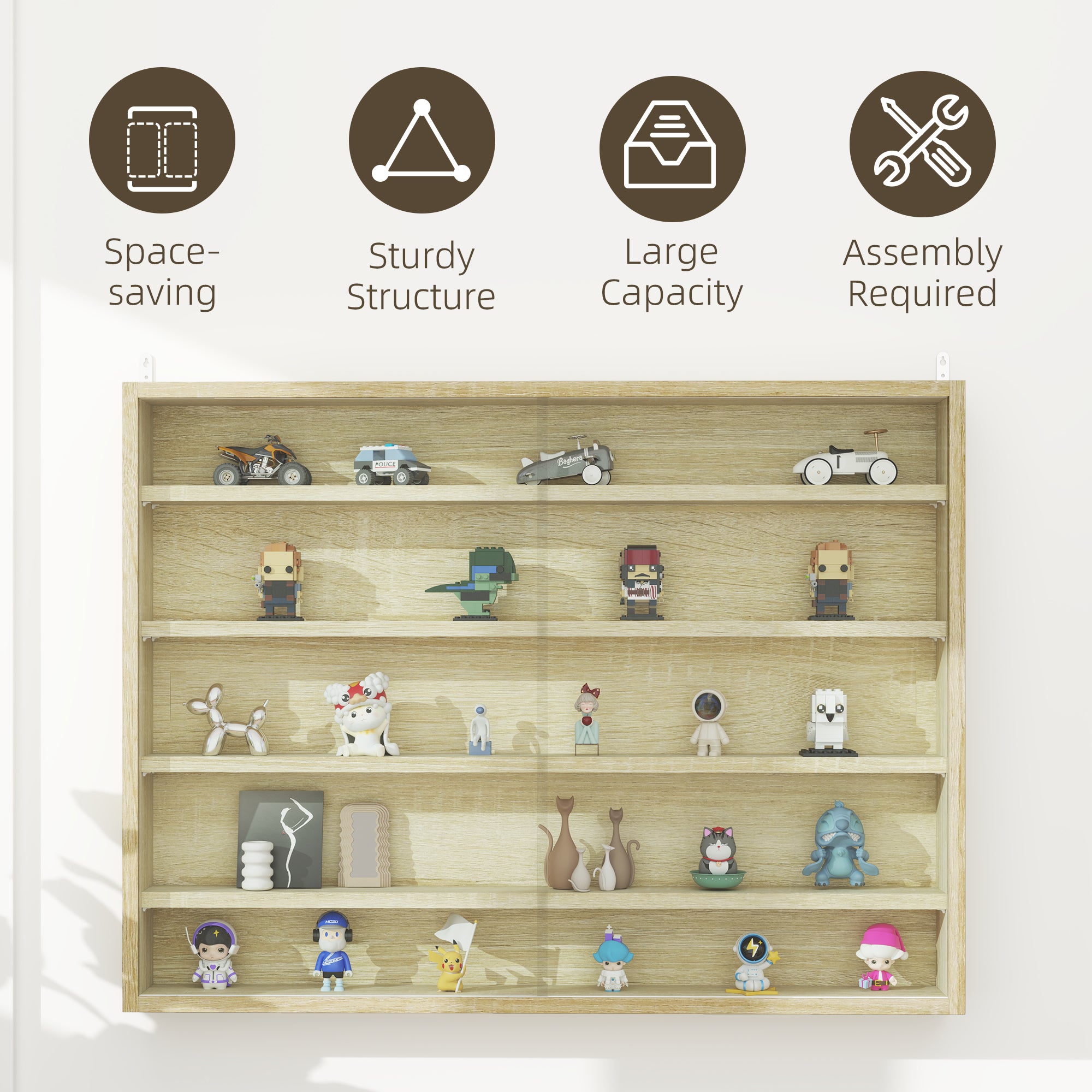 HOMCOM 5-Tier Wall Display Shelf Unit Cabinet w/ 4 Adjustable Shelves Glass Doors Home Office Ornaments 60x80cm Oak - North Peak Garden Furniture
