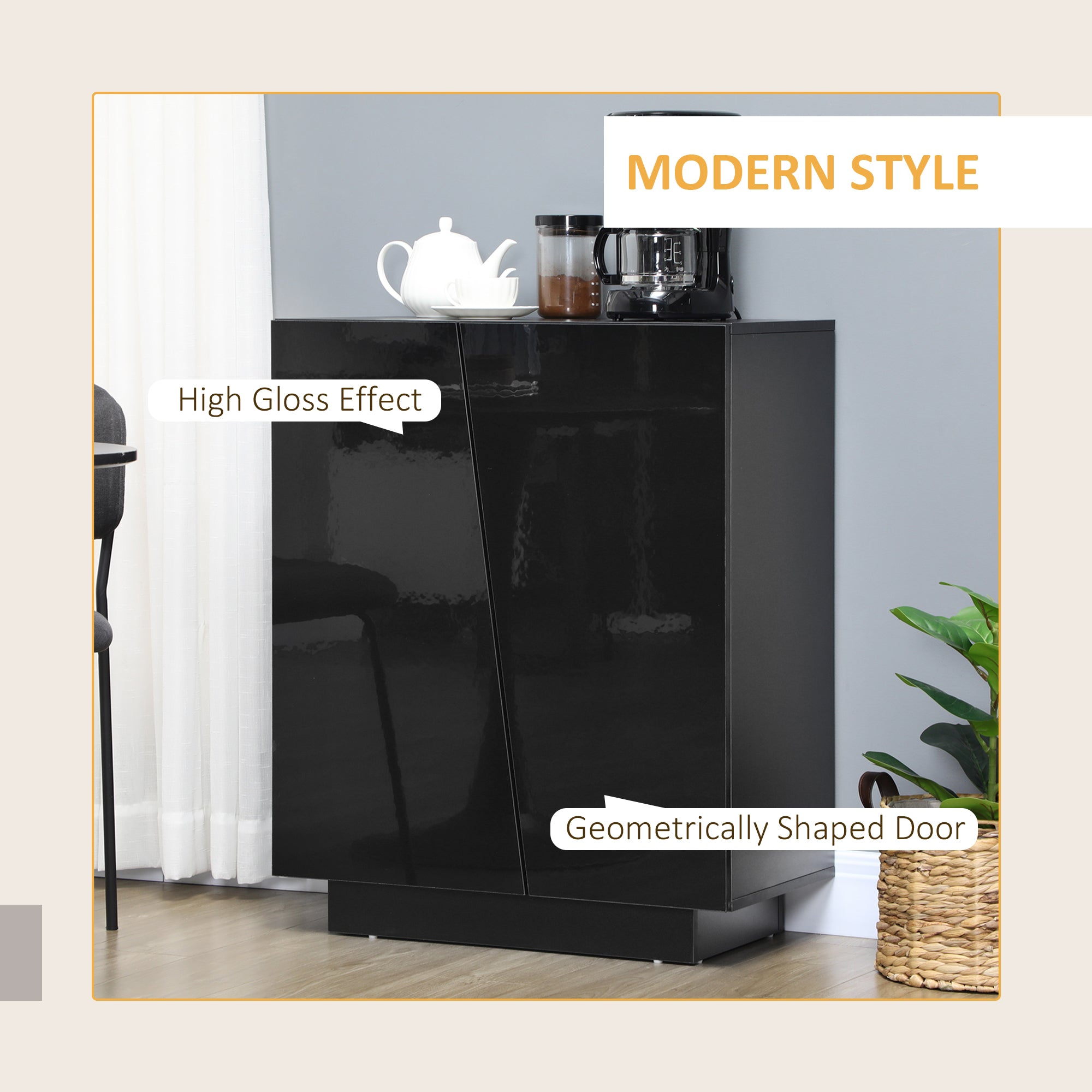 HOMCOM High Gloss Storage Cabinet, Freestanding Storage Cupboard with Adjustable Shelves for Living Room, Bedroom, Hallway, Black - North Peak Garden Furniture