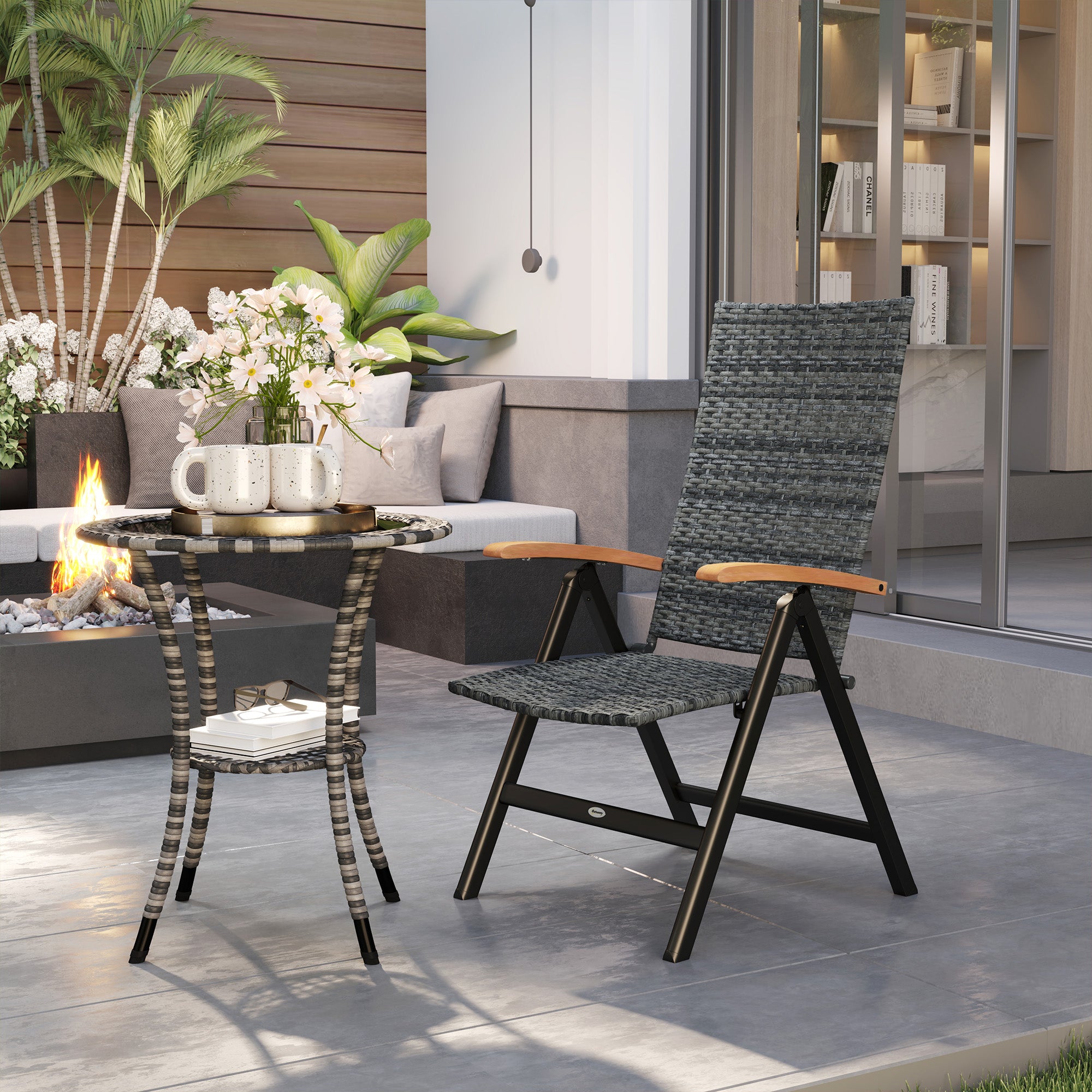 Outsunny Outdoor Folding Rattan Chair with Armrests, High Backrest, for Garden, Camping, Balcony, Porch - Mixed-grey - North Peak Garden Furniture