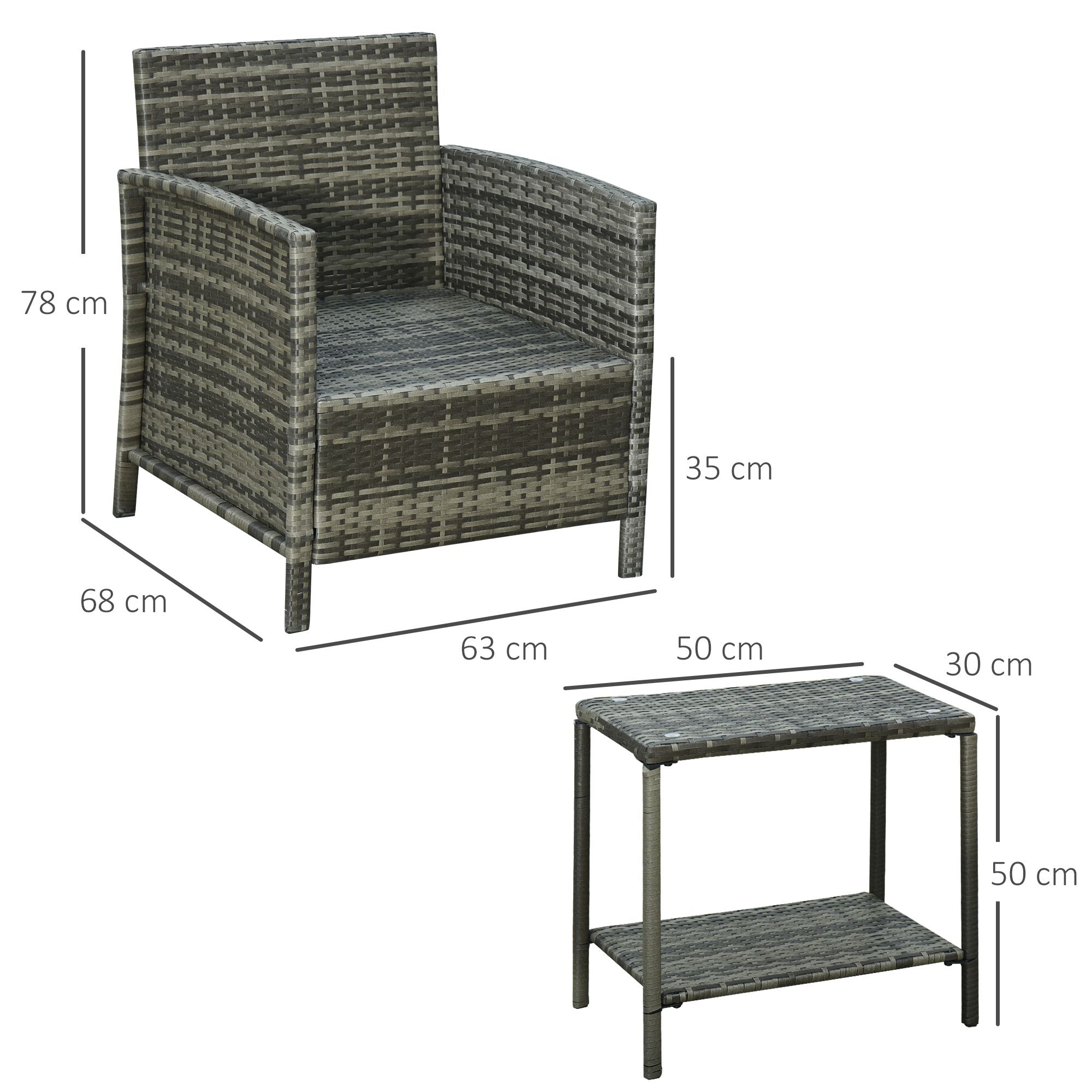 Outsunny 3 Pieces Rattan Bistro Set, Wicker Garden Furniture Set, Glass Top 2-tier Coffee Table and Chairs Set with Pillows and Washable Cushions for Outdoor, Patio, Balcony, Grey - North Peak Garden Furniture