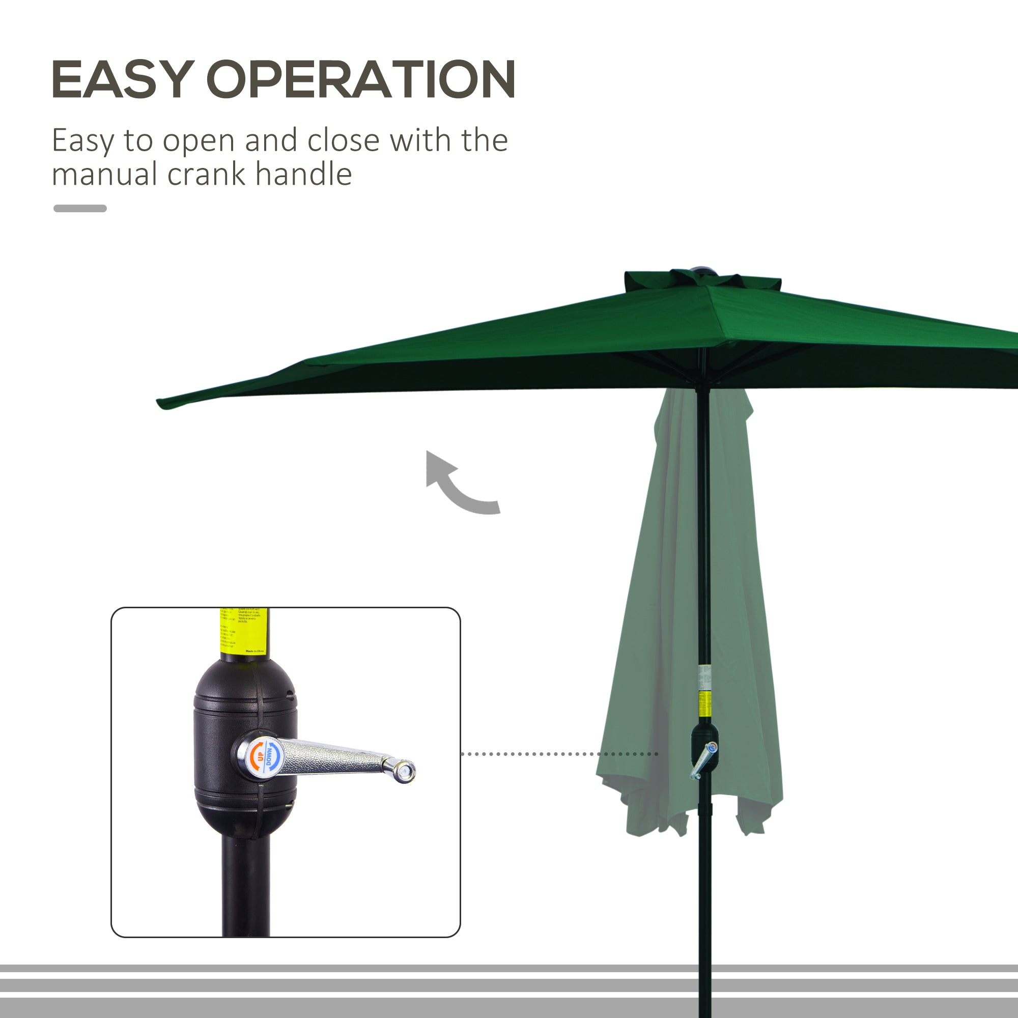 Outsunny 3(m) Half Parasol Semi Round Umbrella Patio Metal Frame Crank Handle for Balcony-- NO BASE INCLUDED, Green - North Peak Garden Furniture