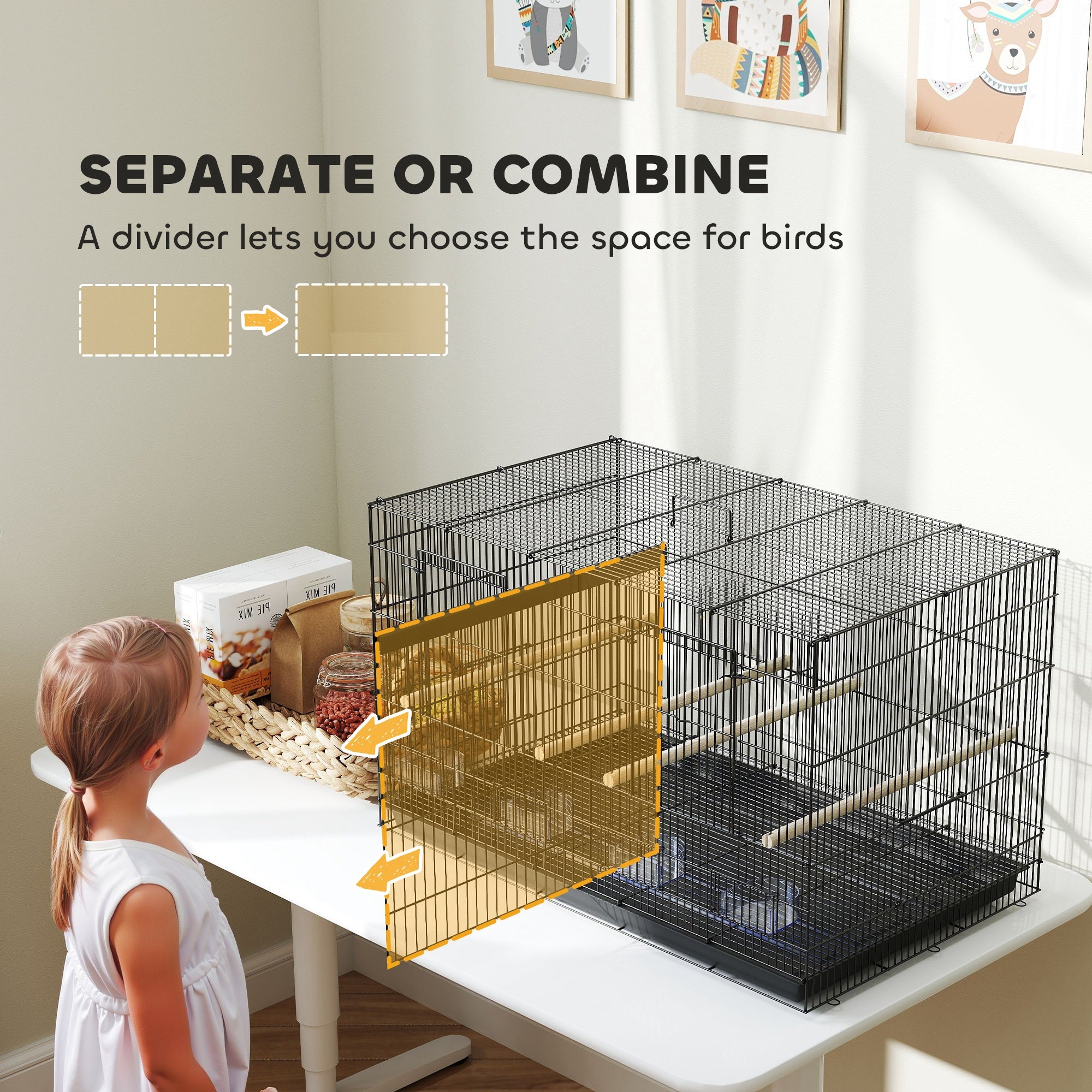 PawHut Bird Cage with Divider, 4 Wooden Perches, Slide Out Tray, 4 Feeders, for Budgie, Lovebird, Canary, 76 x 46 x 46cm, Black - North Peak Garden Furniture