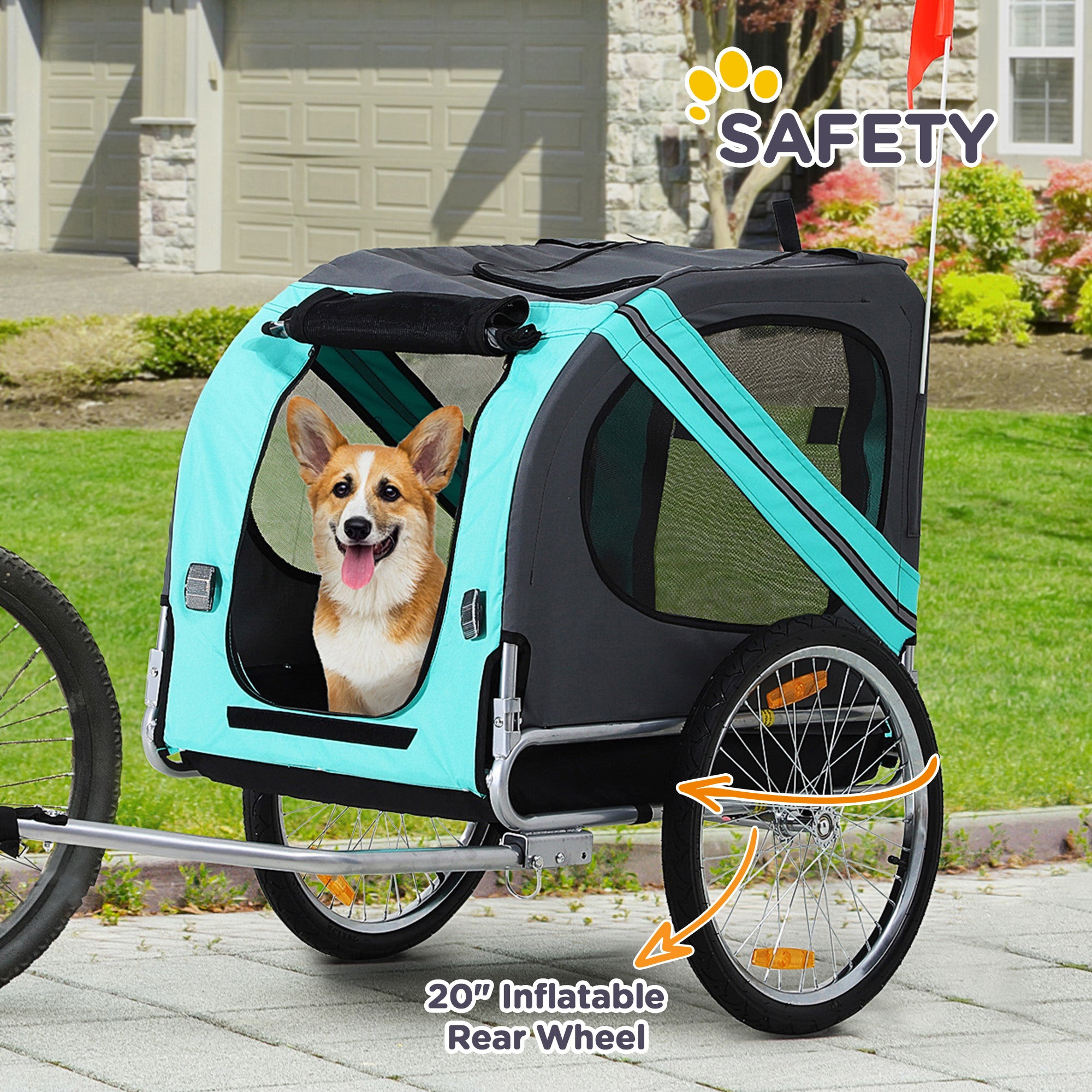 PawHut Folding Dog Bike Trailer Pet Cart Carrier for Bicycle Travel in Steel Frame with Hitch Coupler - Light Blue & Grey - North Peak Garden Furniture
