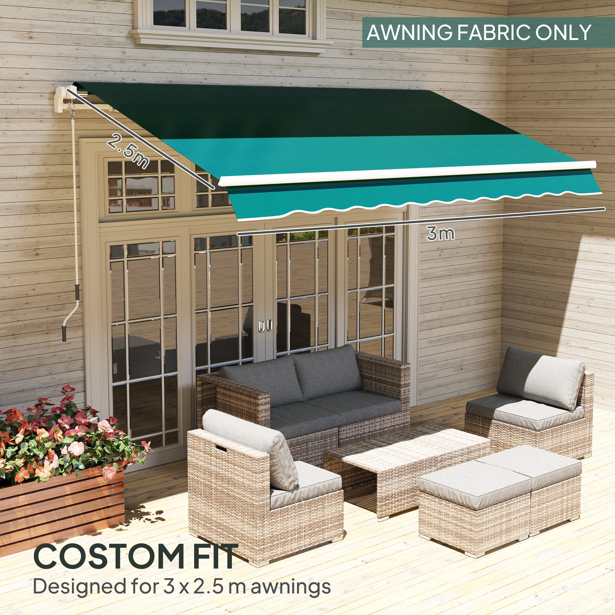 Outsunny Awning Replacement Canopy, Water Resistant UPF 50+ Sun Shade Cover for 3 x 2.5 m Garden Awning (Fabric Only), Green - North Peak Garden Furniture