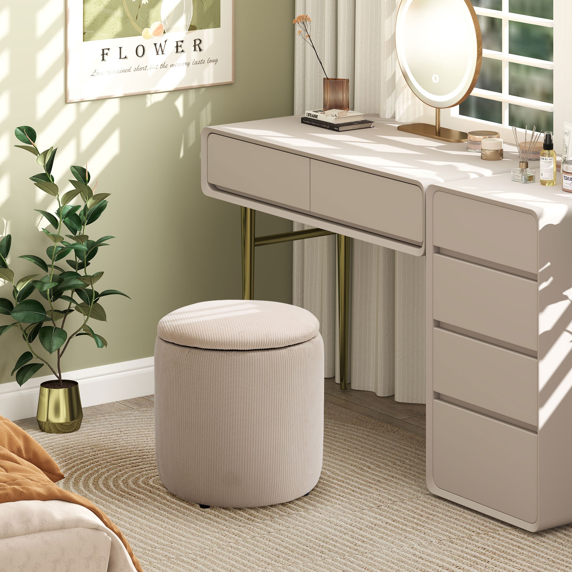 HOMCOM Modern Storage Ottoman with Removable Lid, Fabric Storage Stool, Foot Stool, Dressing Table Stool, Set of 2, Cream White - North Peak Garden Furniture