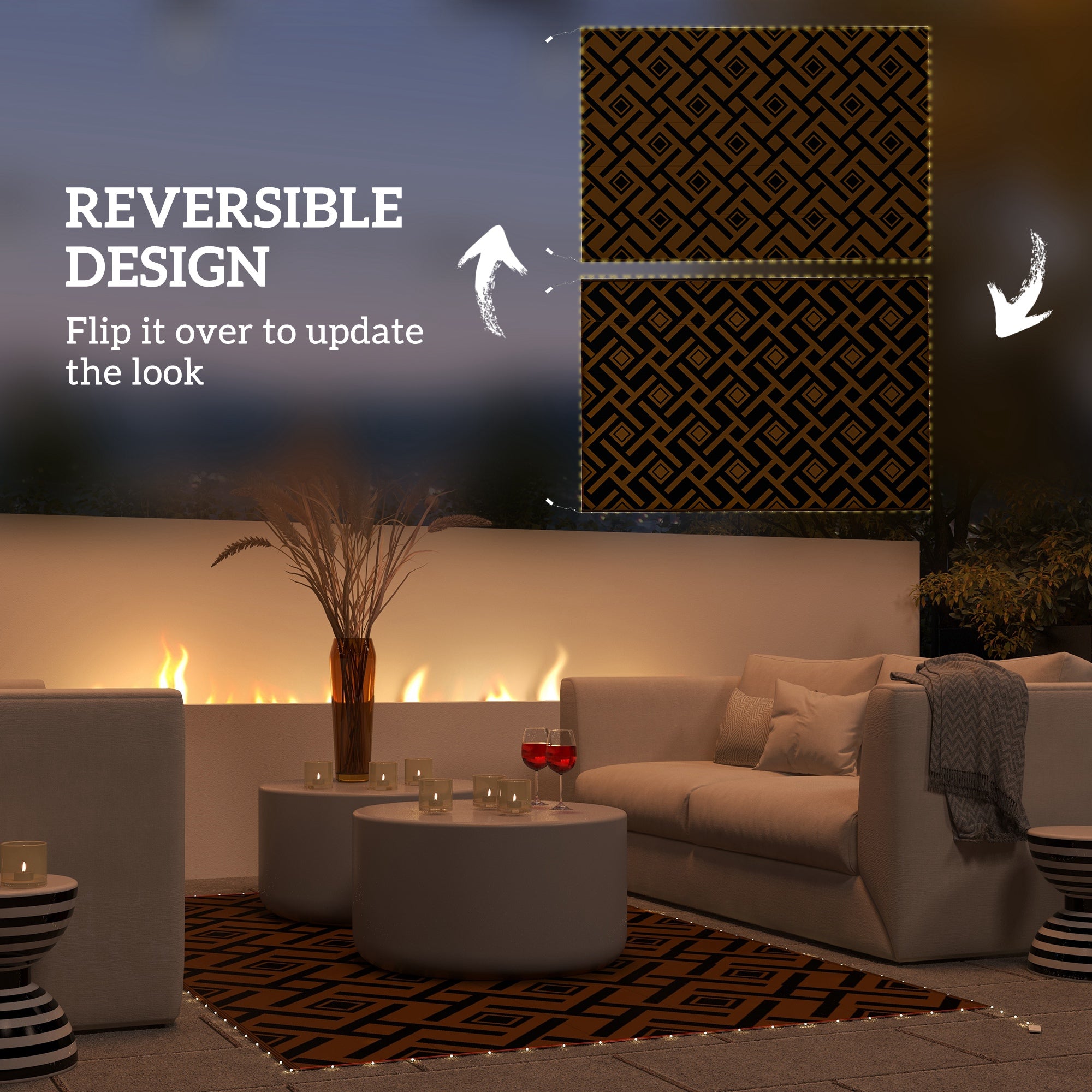 Outsunny Plastic Straw Reversible RV Outdoor Rug with LED String Light, 182 x 274cm, Brown and Black - North Peak Garden Furniture