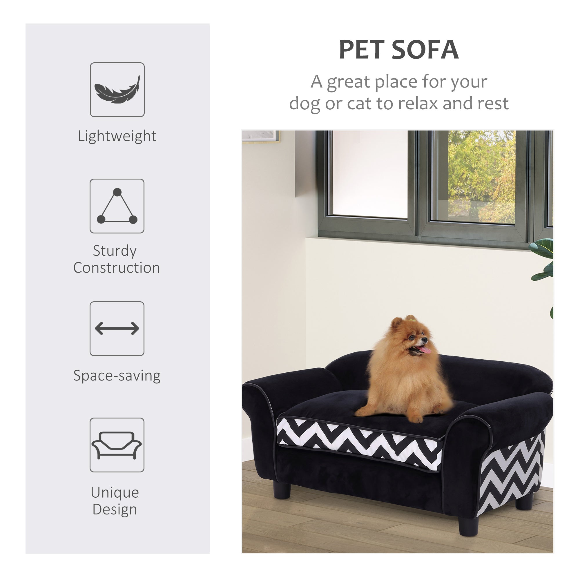 PawHut Dog Sofa Bed for XS-Sized Dogs, Cat Sofa with Soft Cushion, Pet Chair Lounge with Washable Cover, Removable Legs, Wooden Frame - Black - North Peak Garden Furniture
