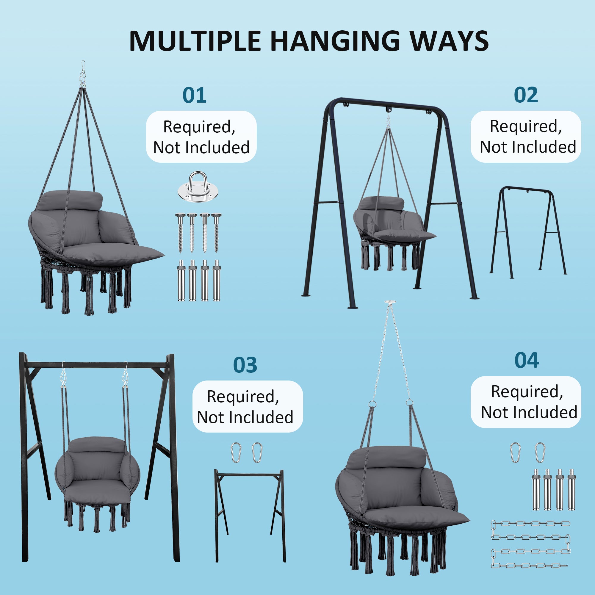 Outsunny Hanging Chair Outdoor Hammock Chair with Soft Cushion, Cotton Rope Boho Style Swing Chair, Hanging Garden Swing Seat for Indoor Outdoor, Dark Grey - North Peak Garden Furniture
