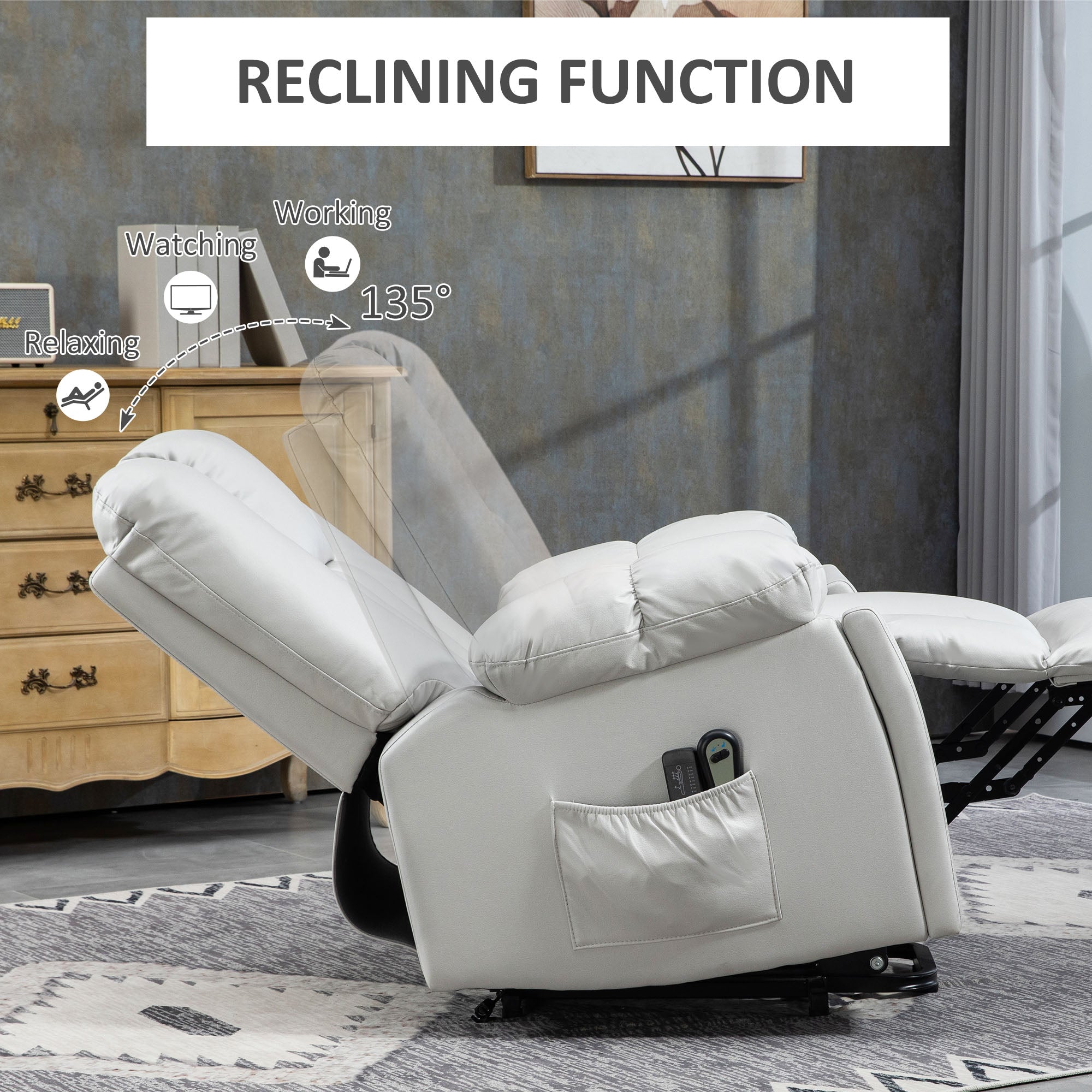 HOMCOM Leathaire Eight Massage Point Armchair, with Reclining Back - Light Grey - North Peak Garden Furniture