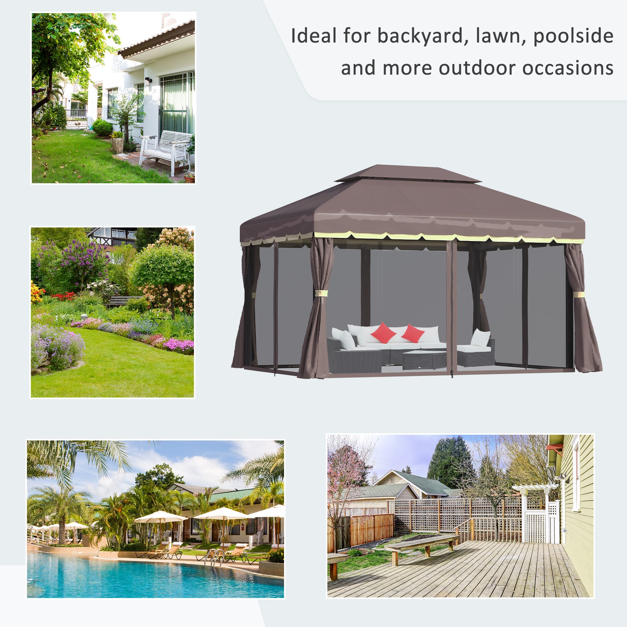 Outsunny 3 x 4m Aluminium Garden Gazebo, Marquee Canopy Shelter Pavilion Party Tent with Nets and Curtains for Garden, Lawn, Backyard and Deck, Coffee